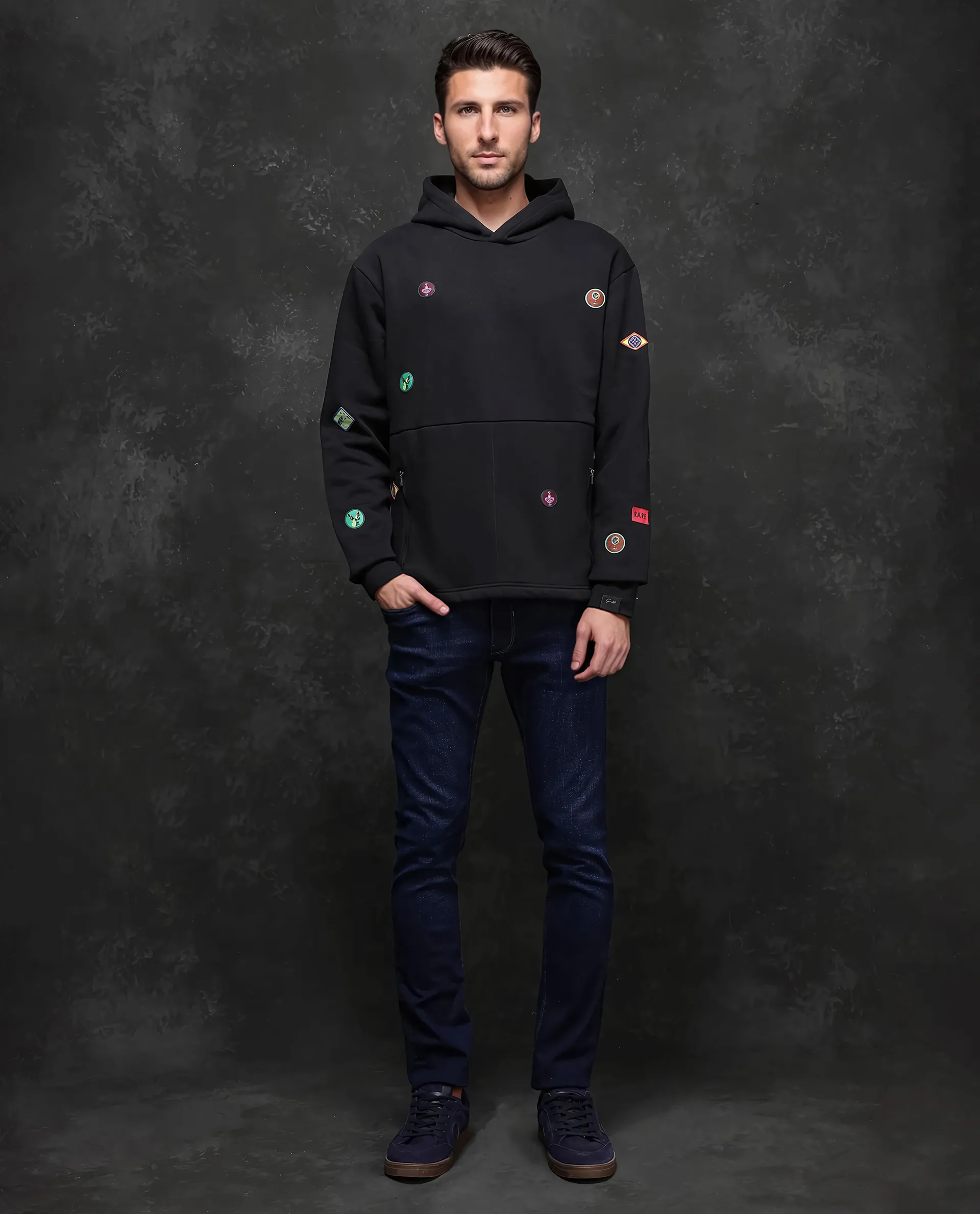 Rare Rabbit Men's Karon Black Cotton Label Print Regular Fit Full Sleeve Hooded Sweatshirt - Image 3