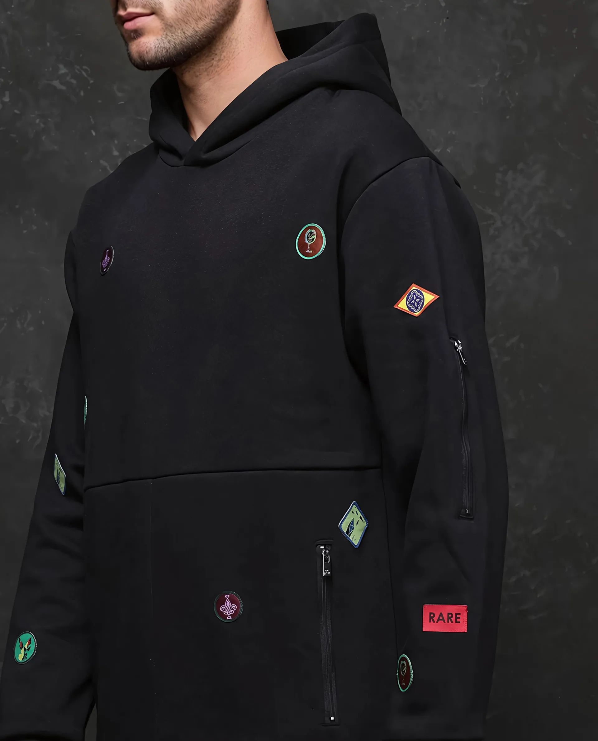 Rare Rabbit Men's Karon Black Cotton Label Print Regular Fit Full Sleeve Hooded Sweatshirt - Image 4