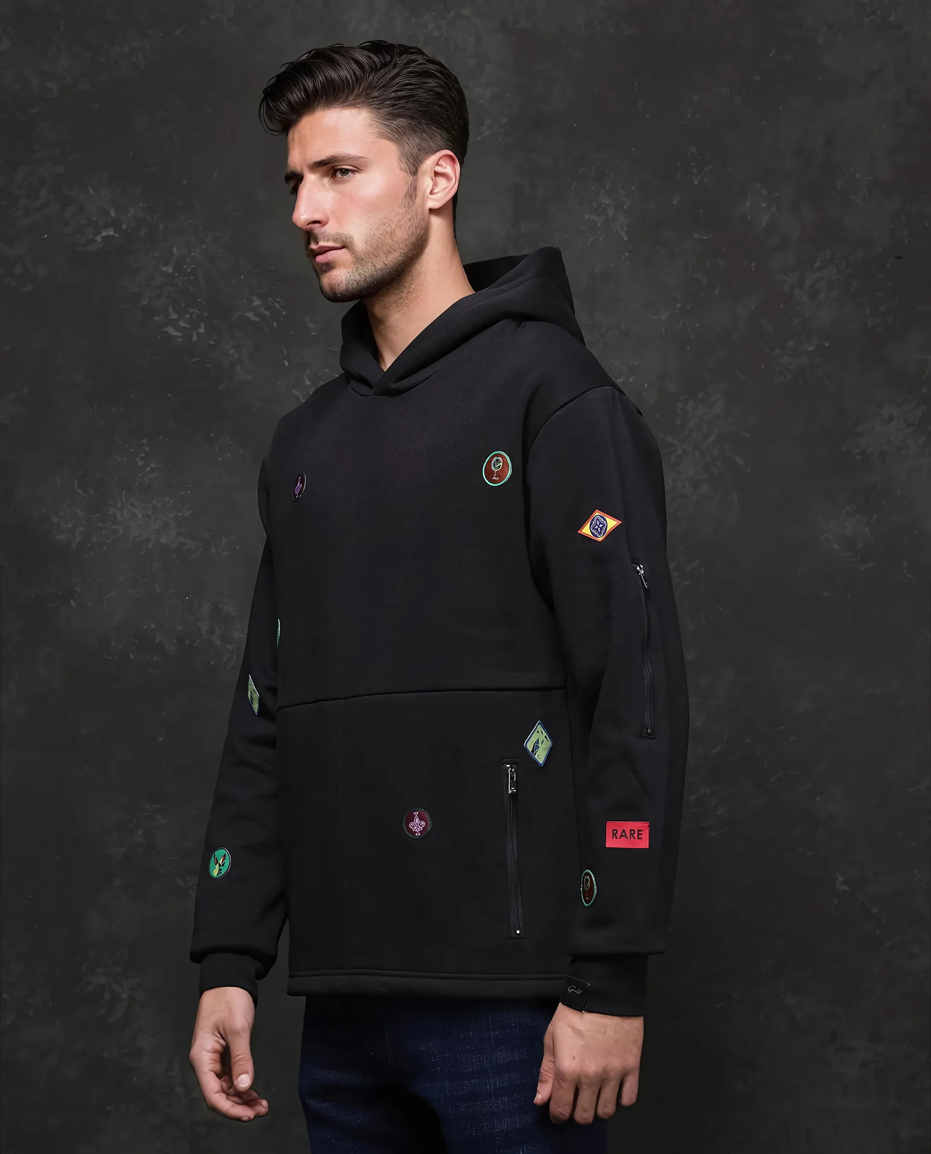 Rare Rabbit Men's Karon Black Cotton Label Print Regular Fit Full Sleeve Hooded Sweatshirt - Image 5