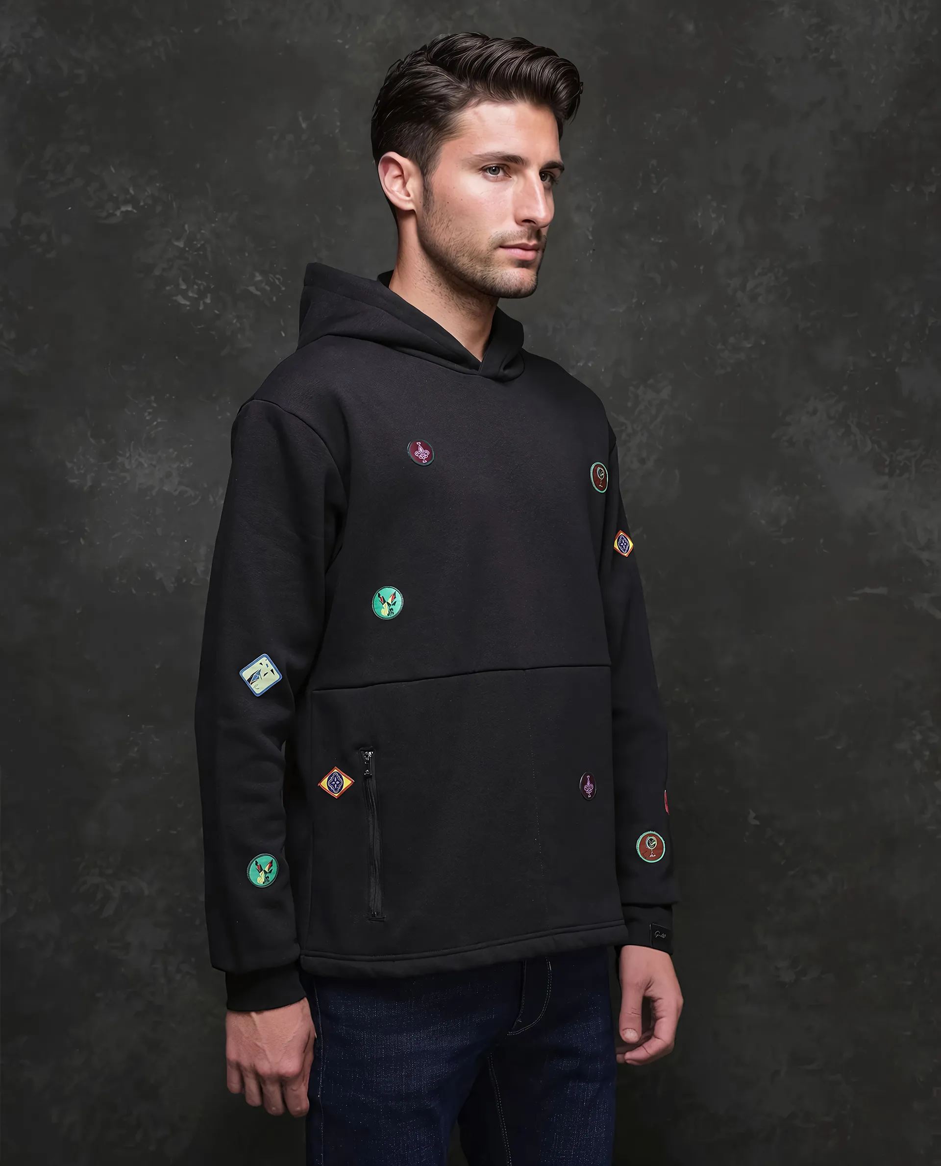 Rare Rabbit Men's Karon Black Cotton Label Print Regular Fit Full Sleeve Hooded Sweatshirt - Image 6