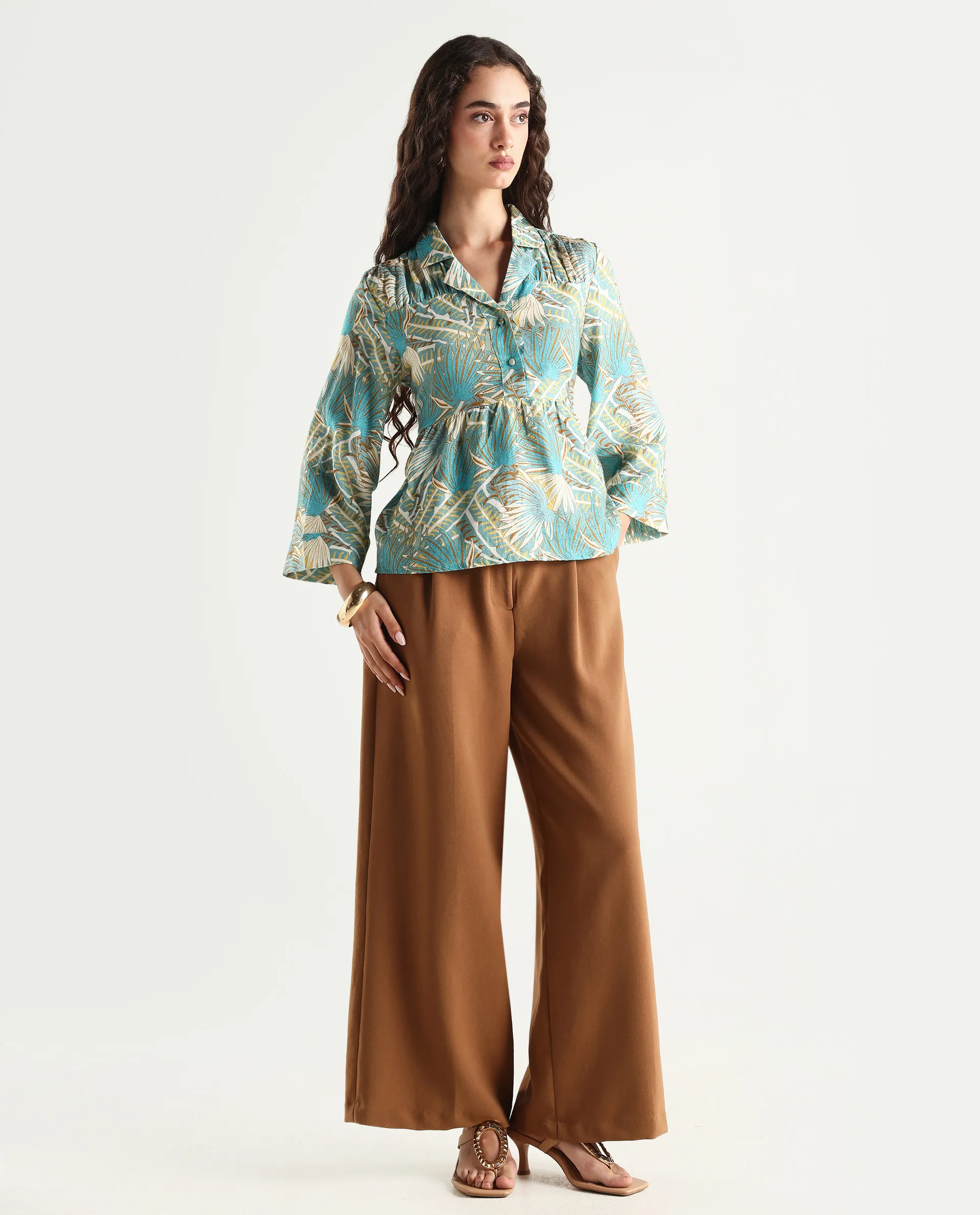 Rareism Women's Karrara Dusky Blue Nylon Blend Lapel Neck Tropical Print Regular Fit Top - Image 2