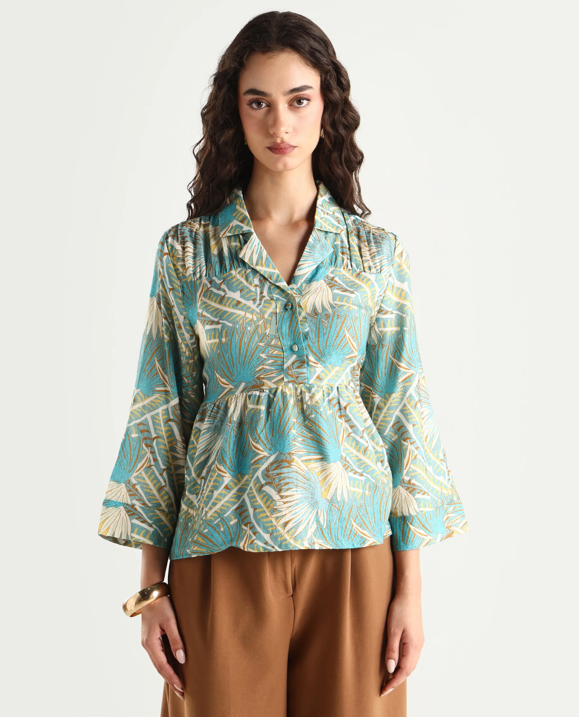 Rareism Women's Karrara Dusky Blue Nylon Blend Lapel Neck Tropical Print Regular Fit Top - Image 3