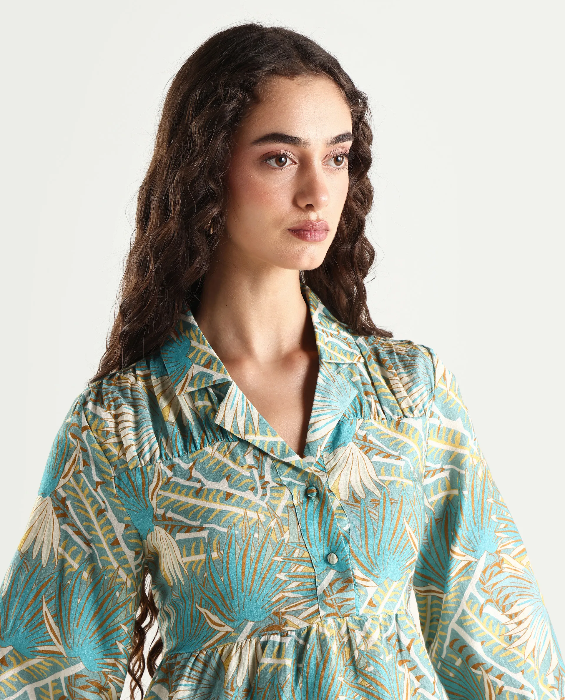 Rareism Women's Karrara Dusky Blue Nylon Blend Lapel Neck Tropical Print Regular Fit Top - Image 4