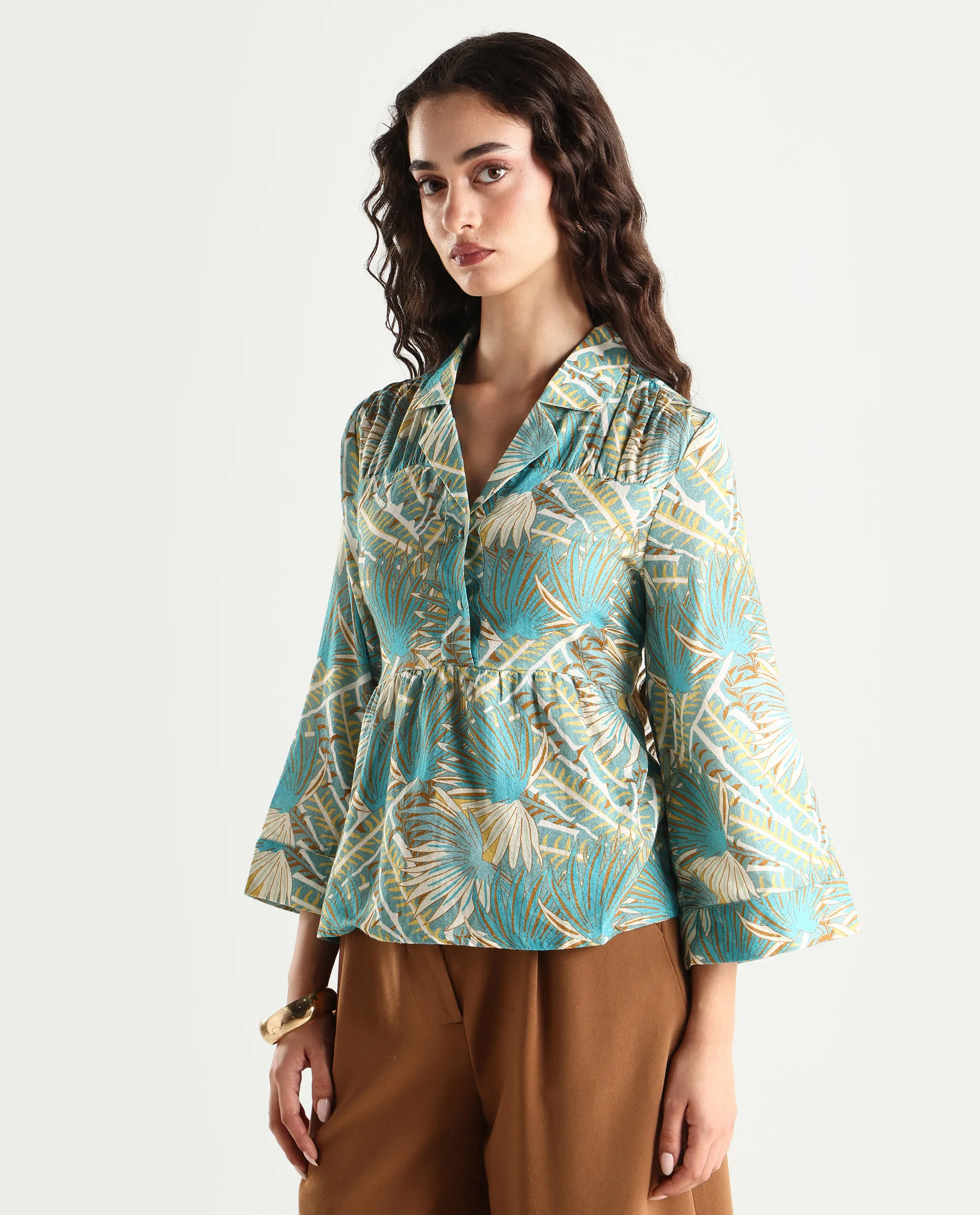 Rareism Women's Karrara Dusky Blue Nylon Blend Lapel Neck Tropical Print Regular Fit Top - Image 5