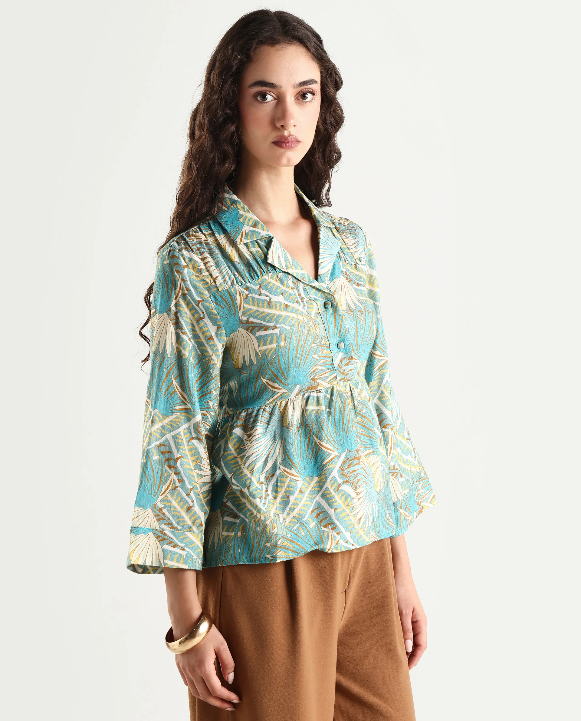 Rareism Women's Karrara Dusky Blue Nylon Blend Lapel Neck Tropical Print Regular Fit Top - Image 6