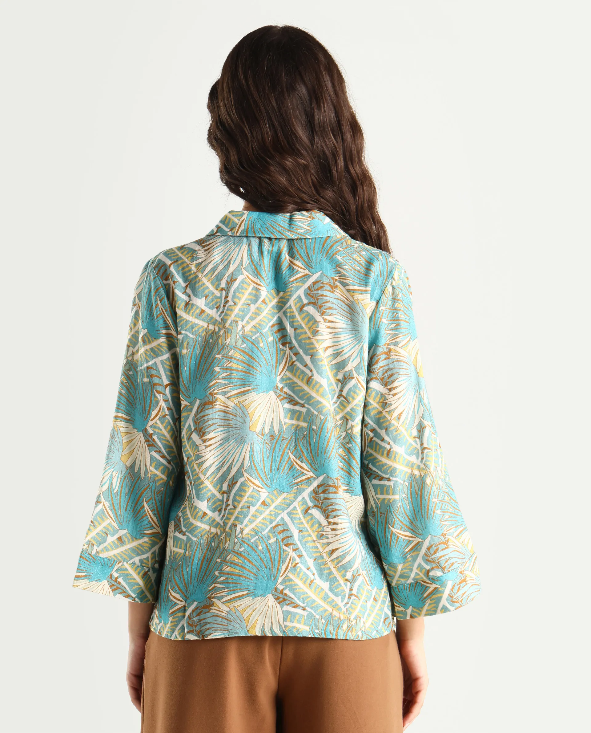 Rareism Women's Karrara Dusky Blue Nylon Blend Lapel Neck Tropical Print Regular Fit Top - Image 7
