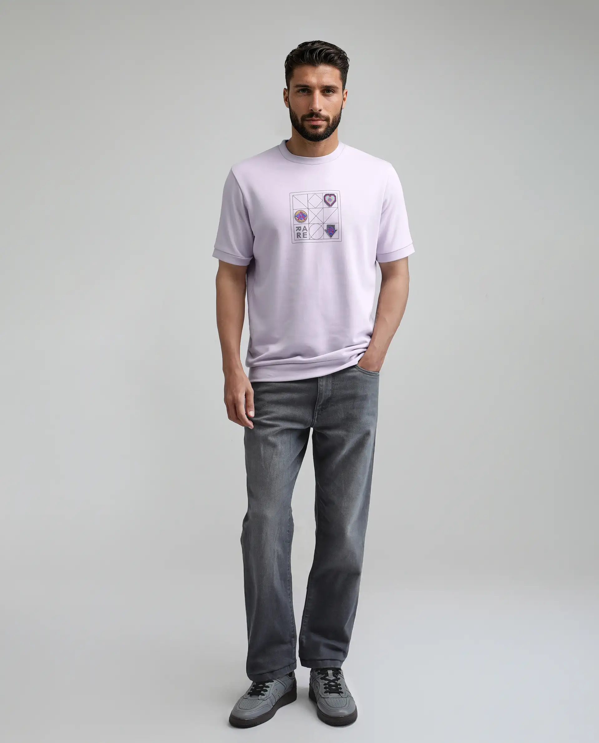 Rare Rabbit Men's Kart Light Purple Cotton Blend Graphic Print Relaxed Fit Half Sleeve Crew Neck T-Shirt - Image 2