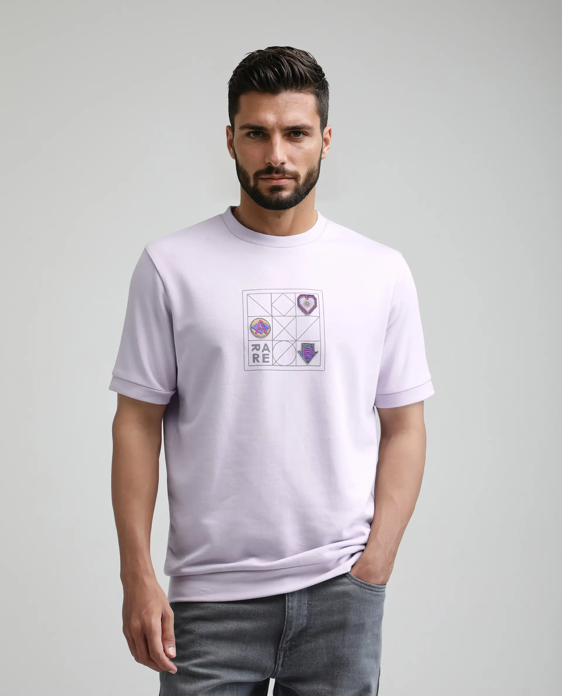 Rare Rabbit Men's Kart Light Purple Cotton Blend Graphic Print Relaxed Fit Half Sleeve Crew Neck T-Shirt - Image 4