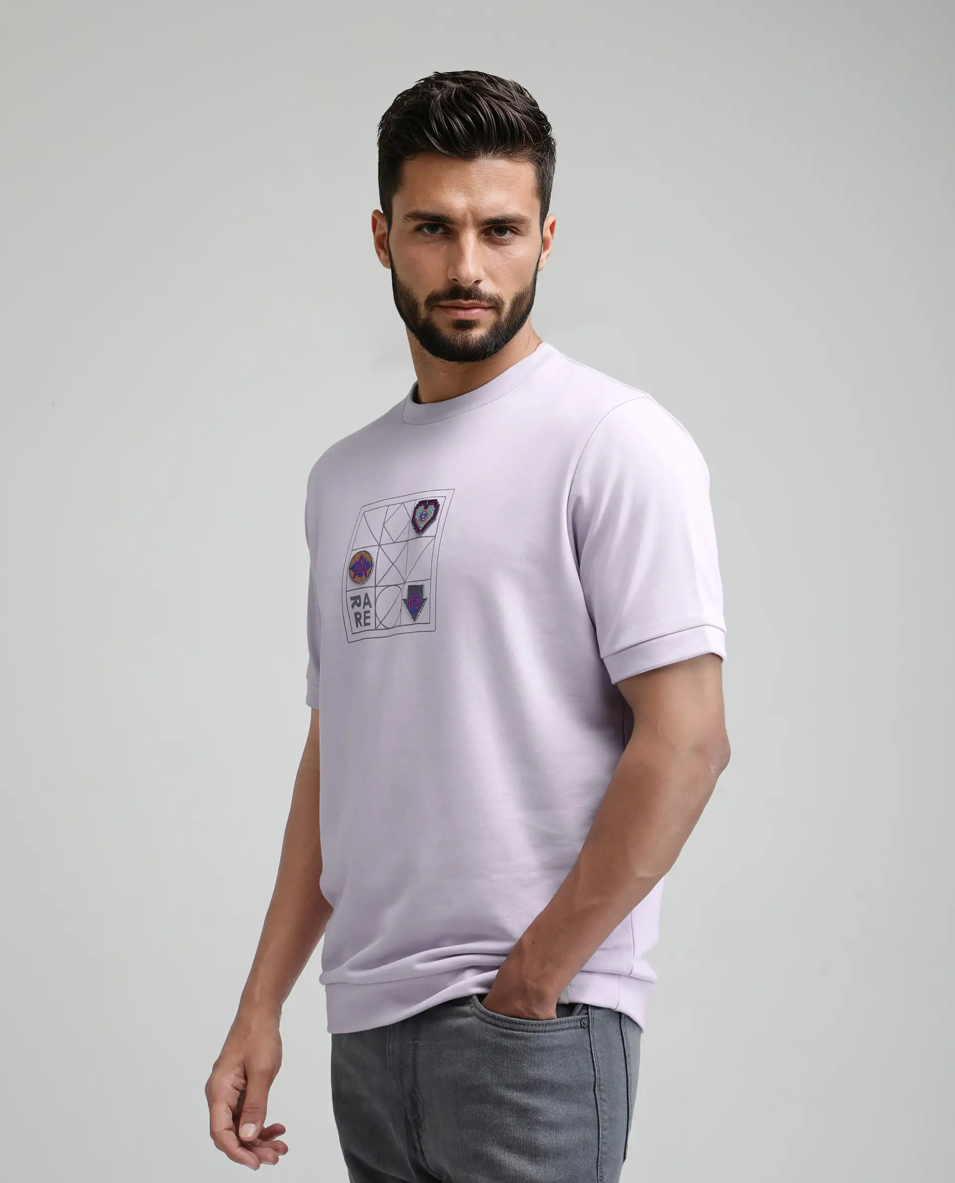 Rare Rabbit Men's Kart Light Purple Cotton Blend Graphic Print Relaxed Fit Half Sleeve Crew Neck T-Shirt - Image 5