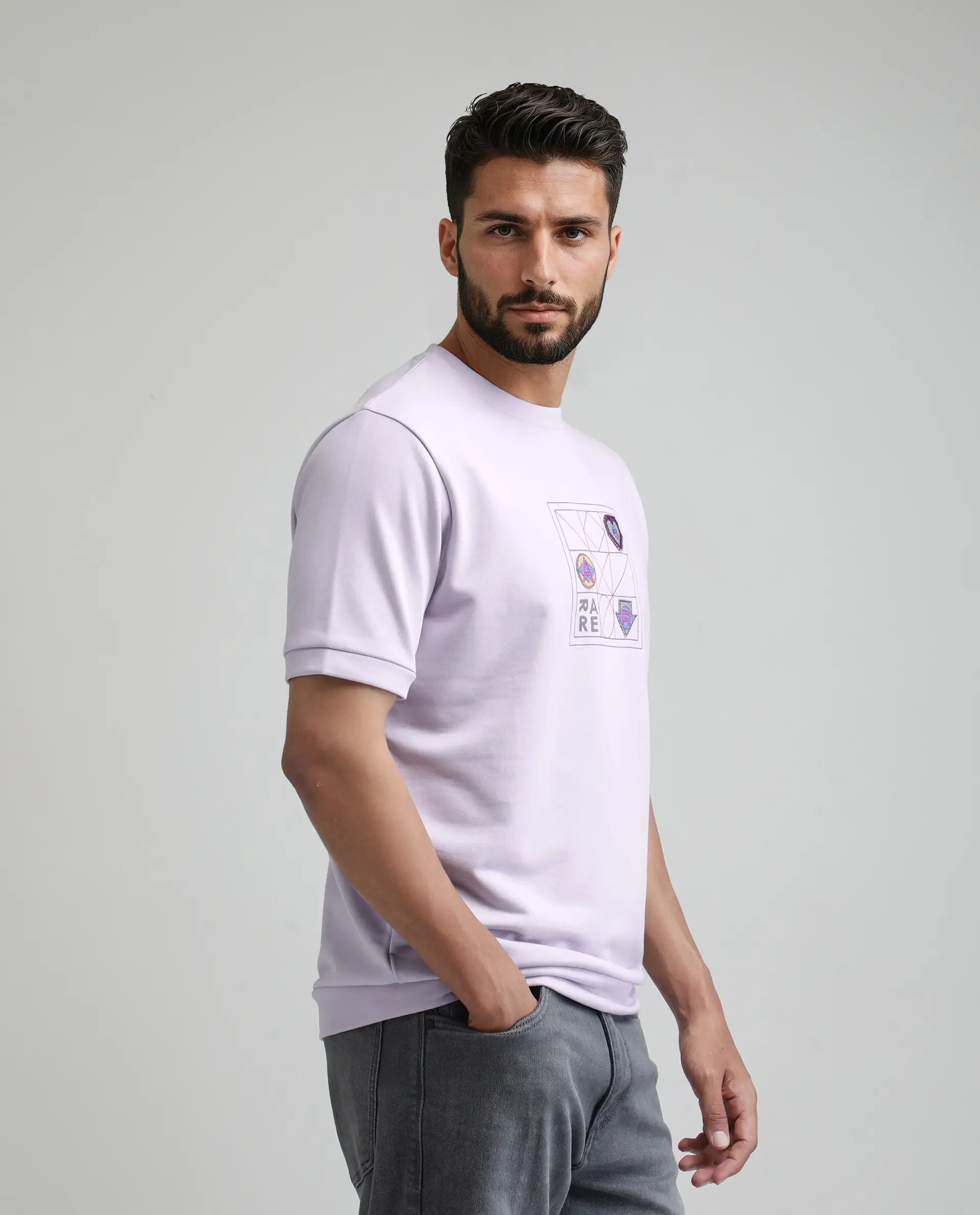 Rare Rabbit Men's Kart Light Purple Cotton Blend Graphic Print Relaxed Fit Half Sleeve Crew Neck T-Shirt - Image 6