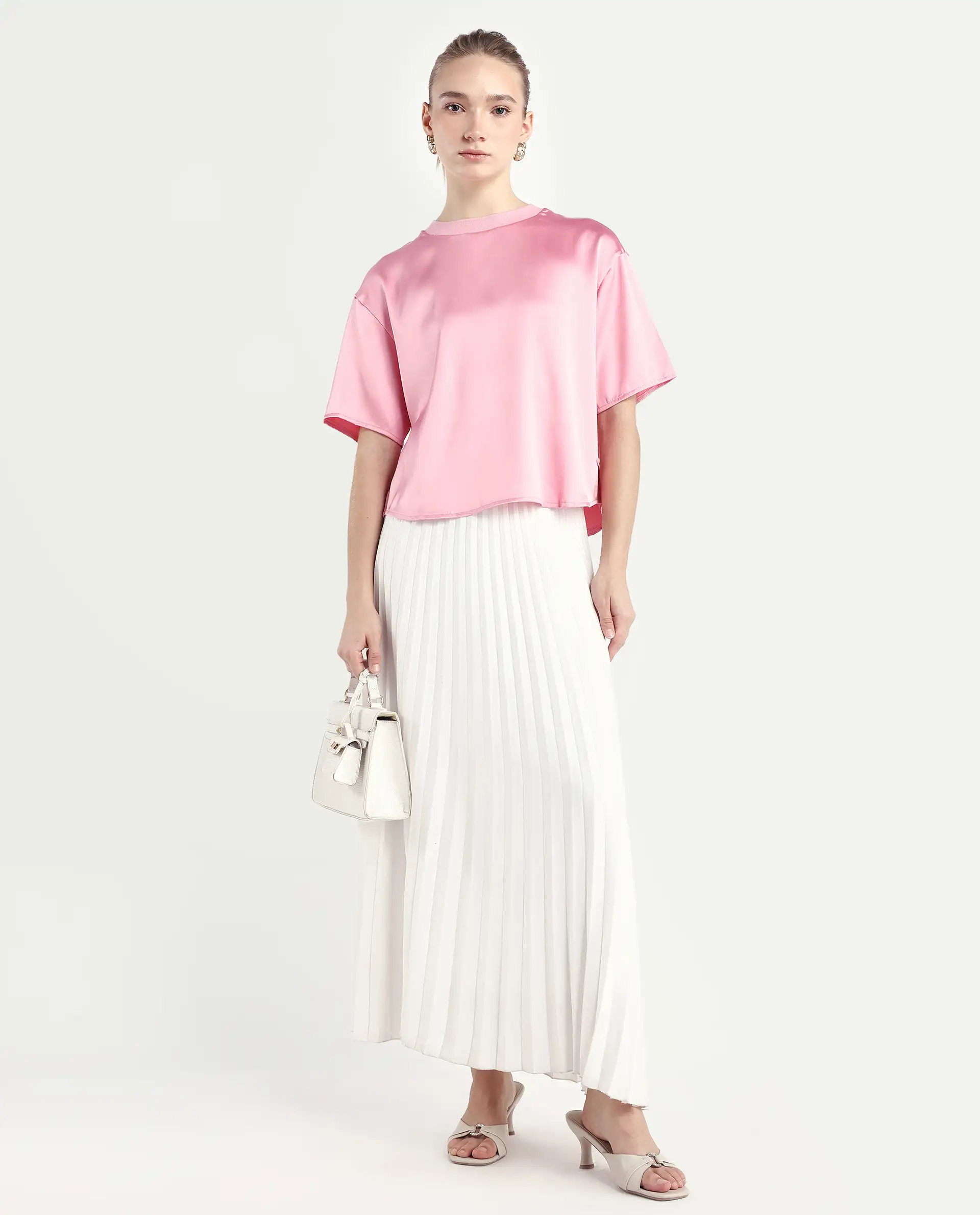 Rareism Women's Karuno Light Pink Satin Blend Ribbed Collar Plain Boxy Fit Top - Image 2