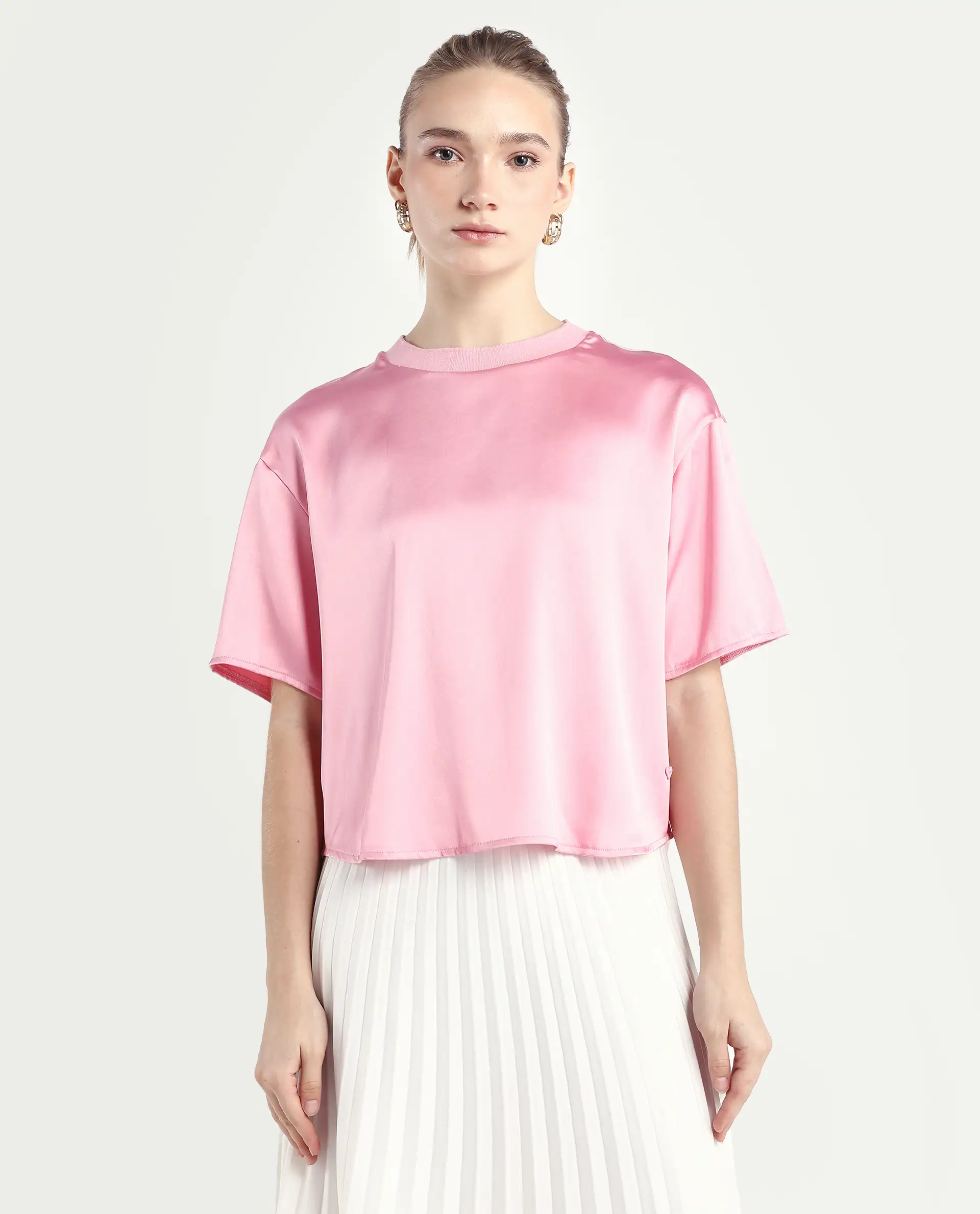 Rareism Women's Karuno Light Pink Satin Blend Ribbed Collar Plain Boxy Fit Top - Image 3