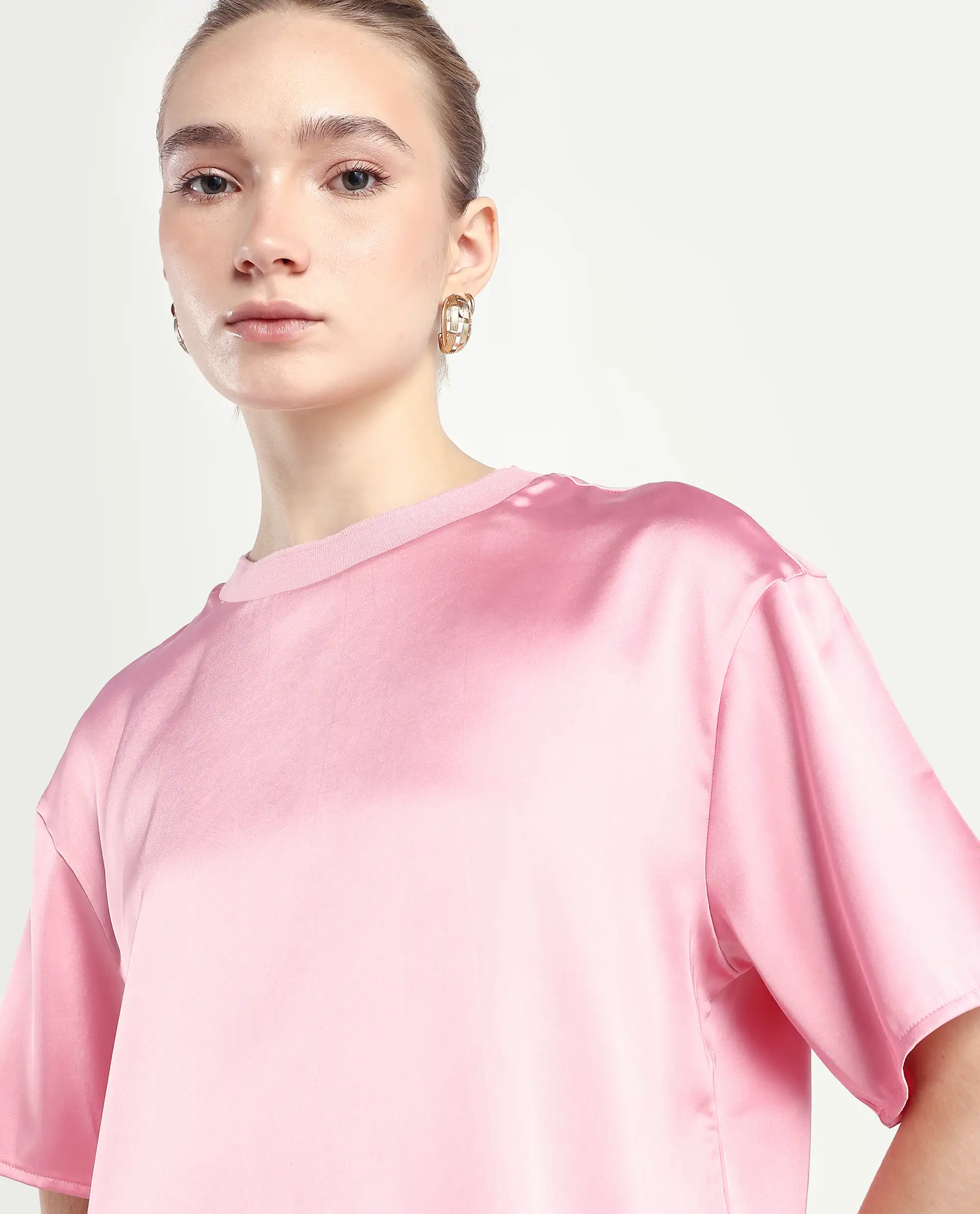 Rareism Women's Karuno Light Pink Satin Blend Ribbed Collar Plain Boxy Fit Top - Image 4