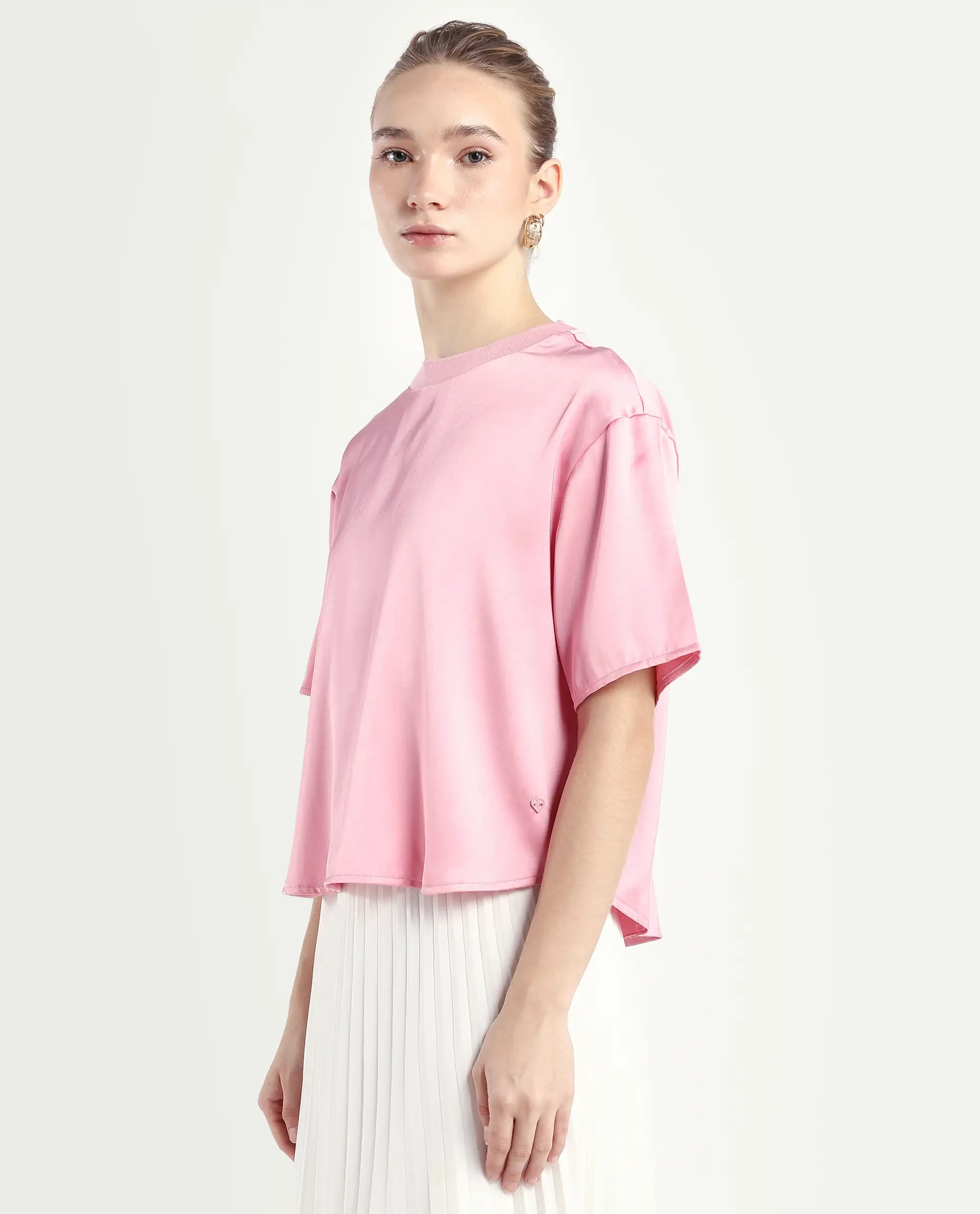 Rareism Women's Karuno Light Pink Satin Blend Ribbed Collar Plain Boxy Fit Top - Image 6