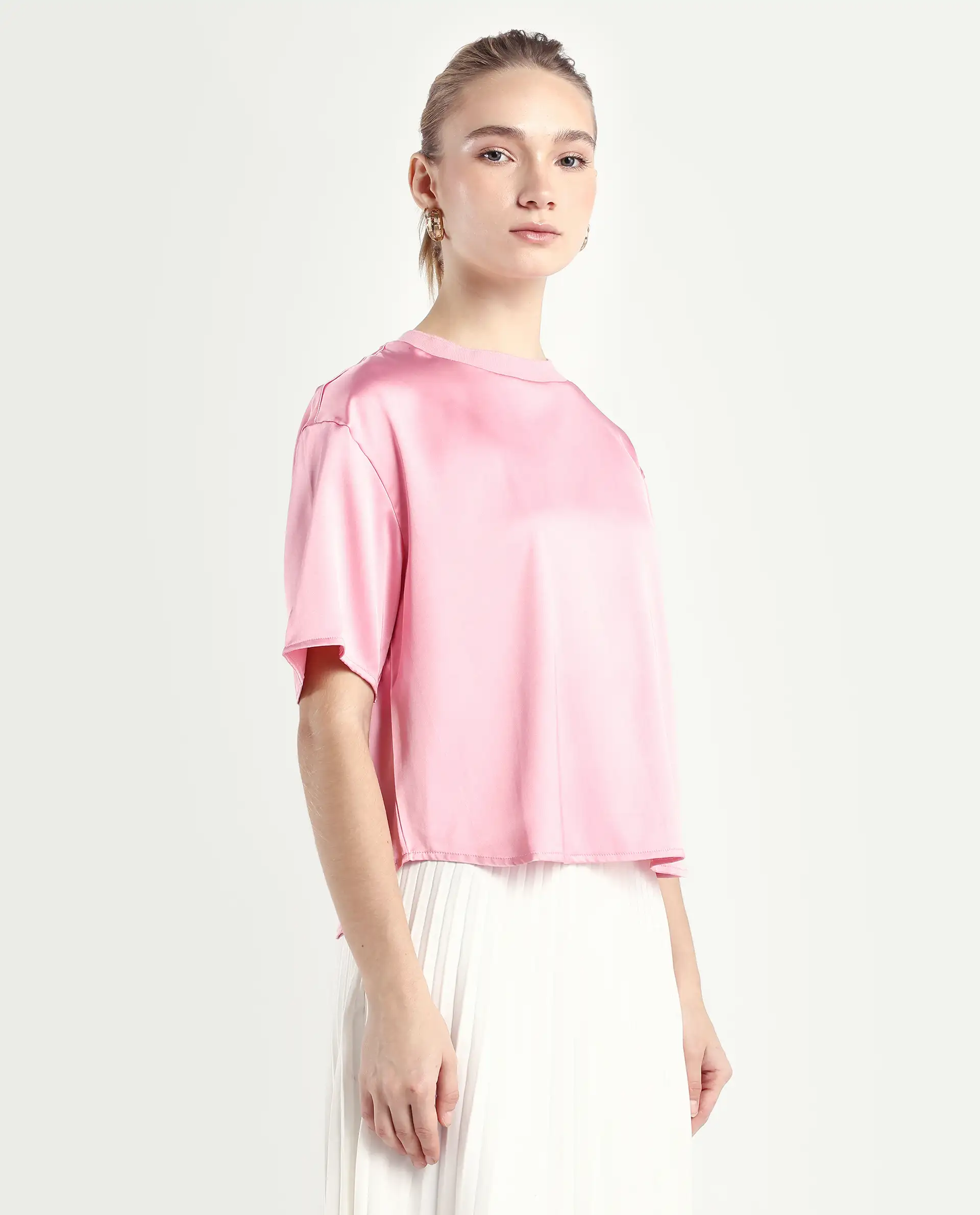 Rareism Women's Karuno Light Pink Satin Blend Ribbed Collar Plain Boxy Fit Top - Image 7