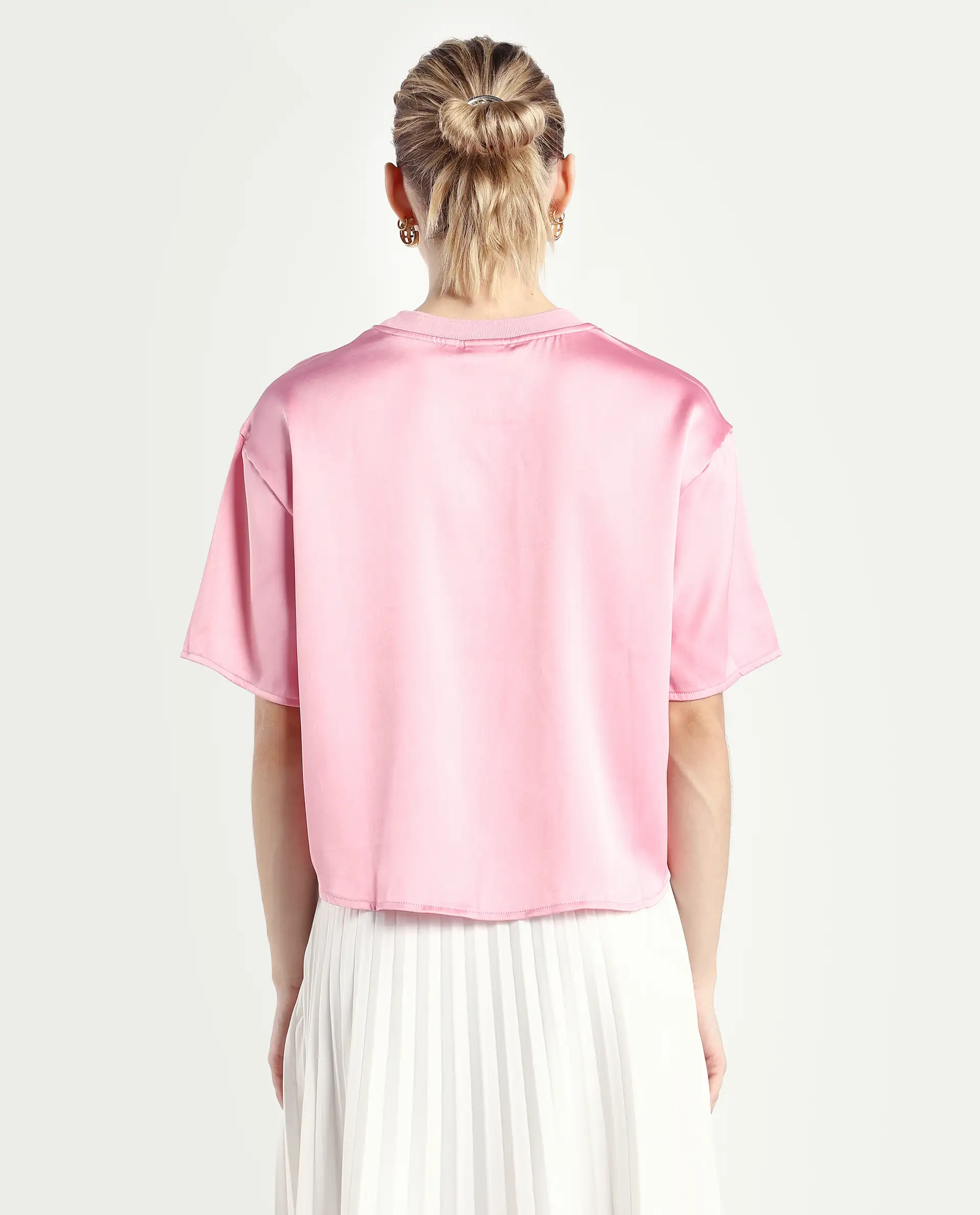 Rareism Women's Karuno Light Pink Satin Blend Ribbed Collar Plain Boxy Fit Top - Image 8