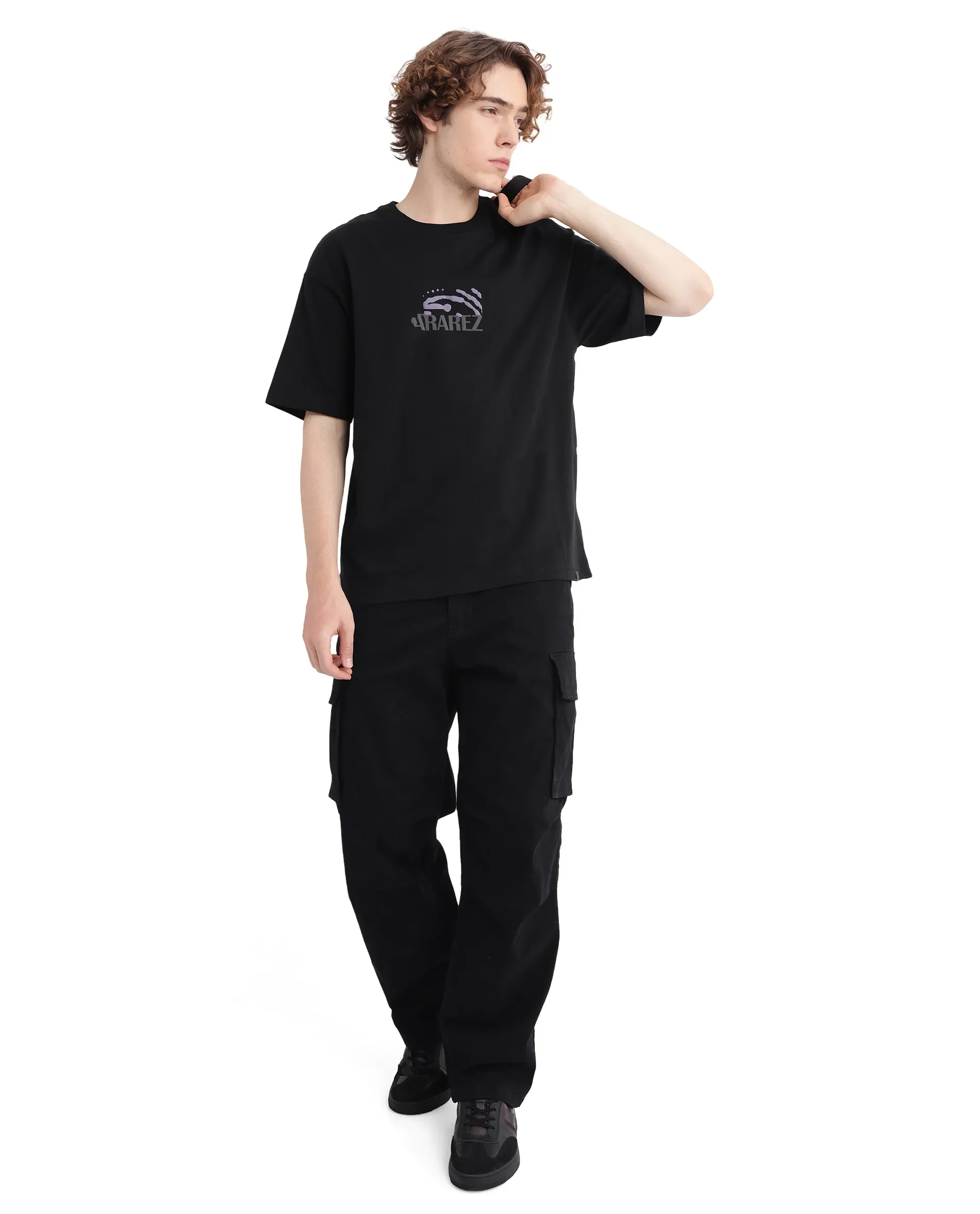 Rare Rabbit Men's Karwo Black Cotton Graphic Print Oversized Fit Half Sleeve Crew Neck T-Shirt - Image 2