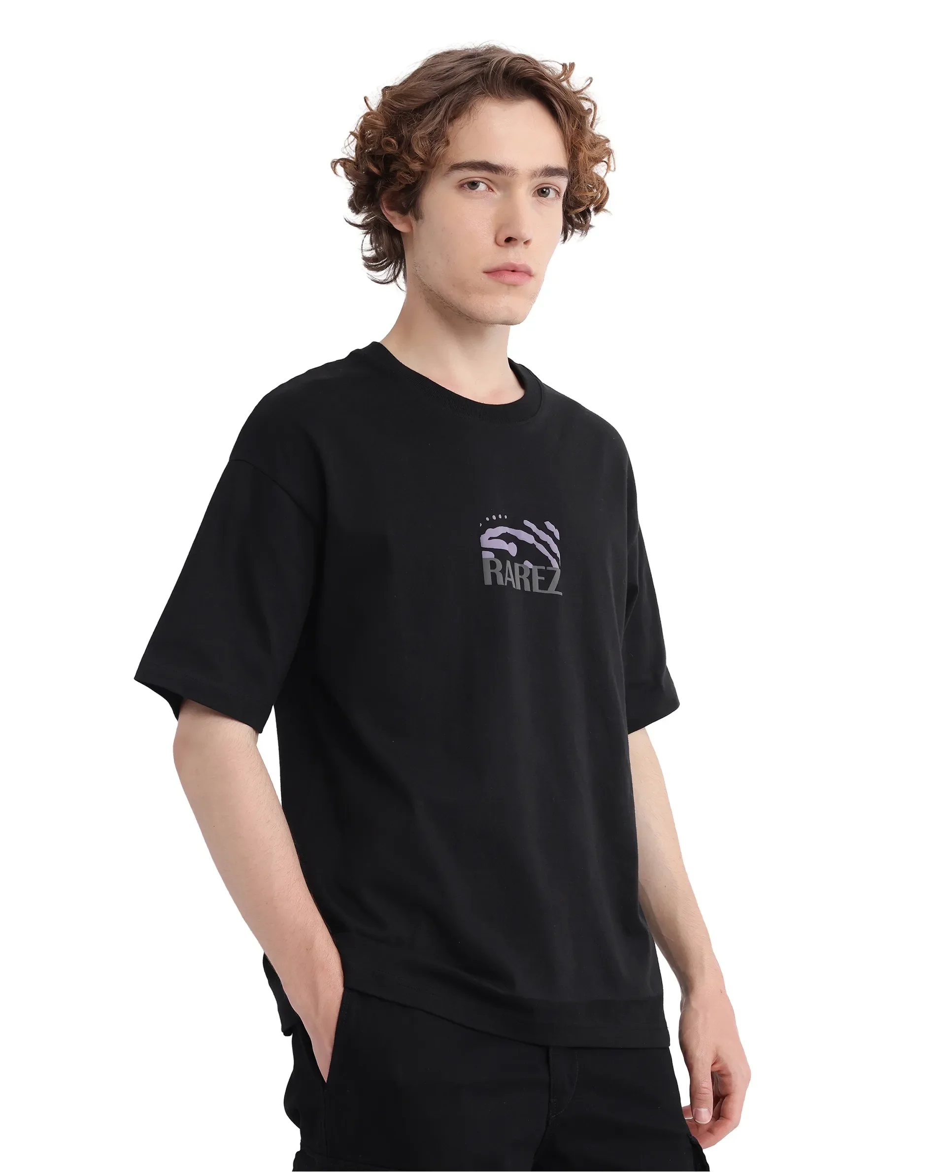 Rare Rabbit Men's Karwo Black Cotton Graphic Print Oversized Fit Half Sleeve Crew Neck T-Shirt - Image 5