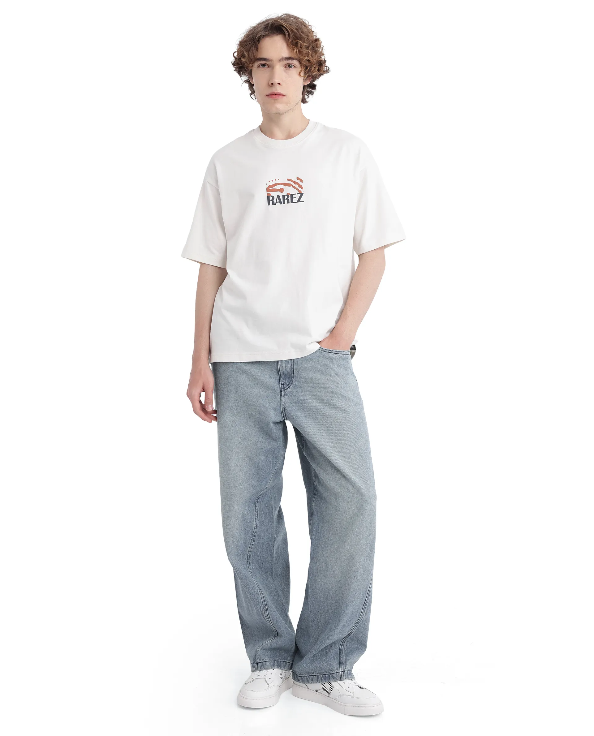 Rare Rabbit Men's Karwo Off White Cotton Graphic Print Oversized Fit Half Sleeve Crew Neck T-Shirt - Image 2