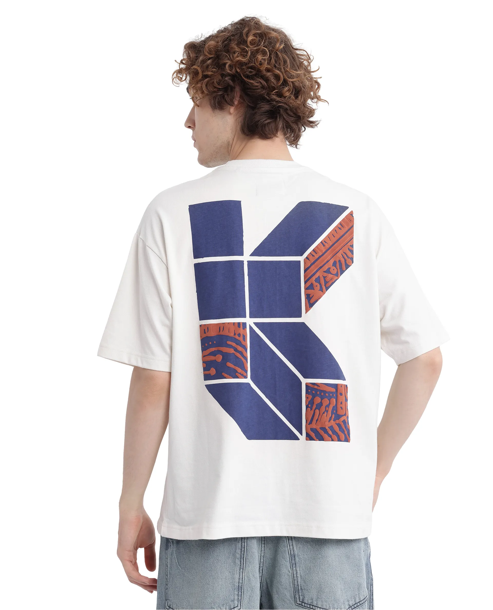 Rare Rabbit Men's Karwo Off White Cotton Graphic Print Oversized Fit Half Sleeve Crew Neck T-Shirt - Image 4
