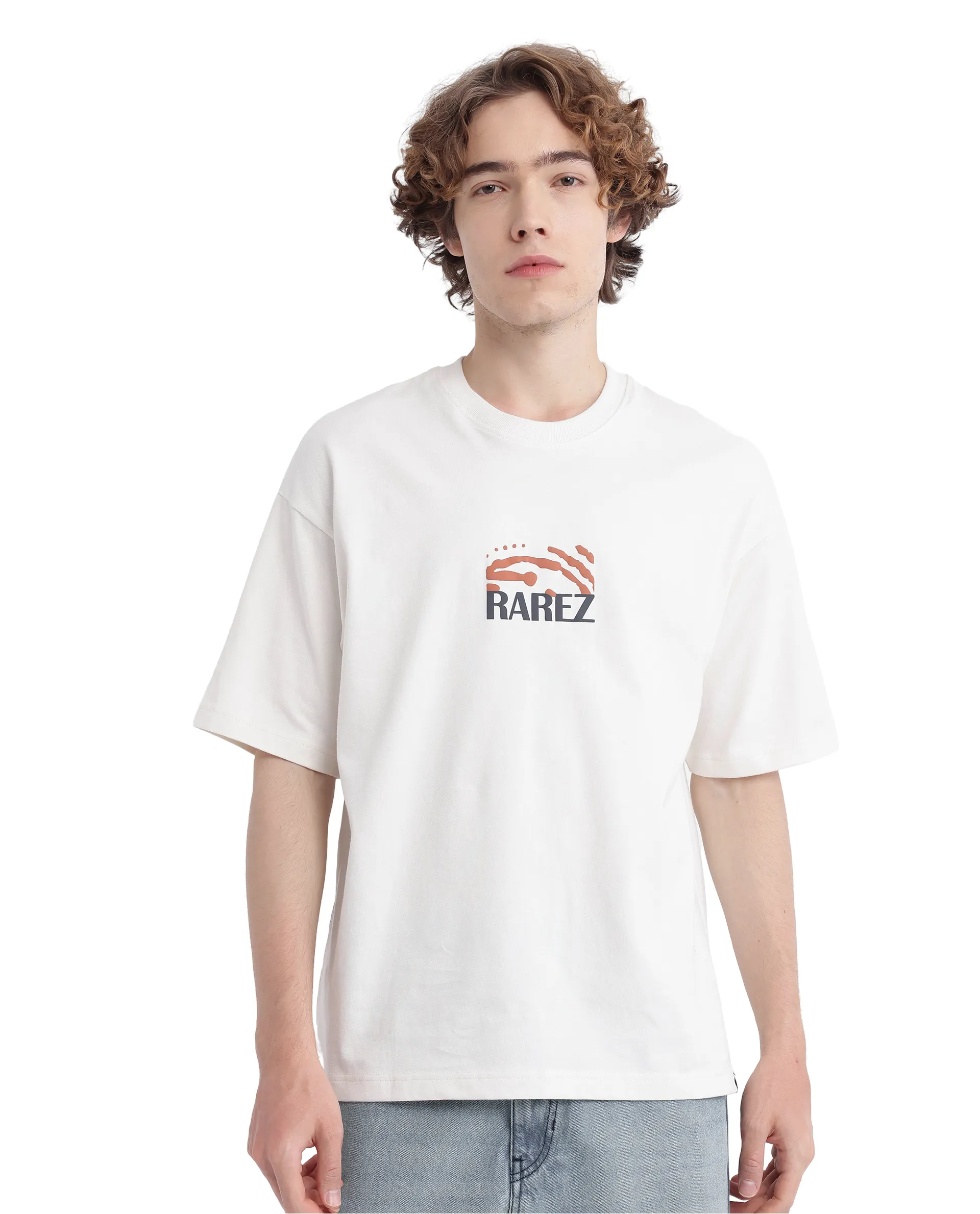 Rare Rabbit Men's Karwo Off White Cotton Graphic Print Oversized Fit Half Sleeve Crew Neck T-Shirt - Image 5