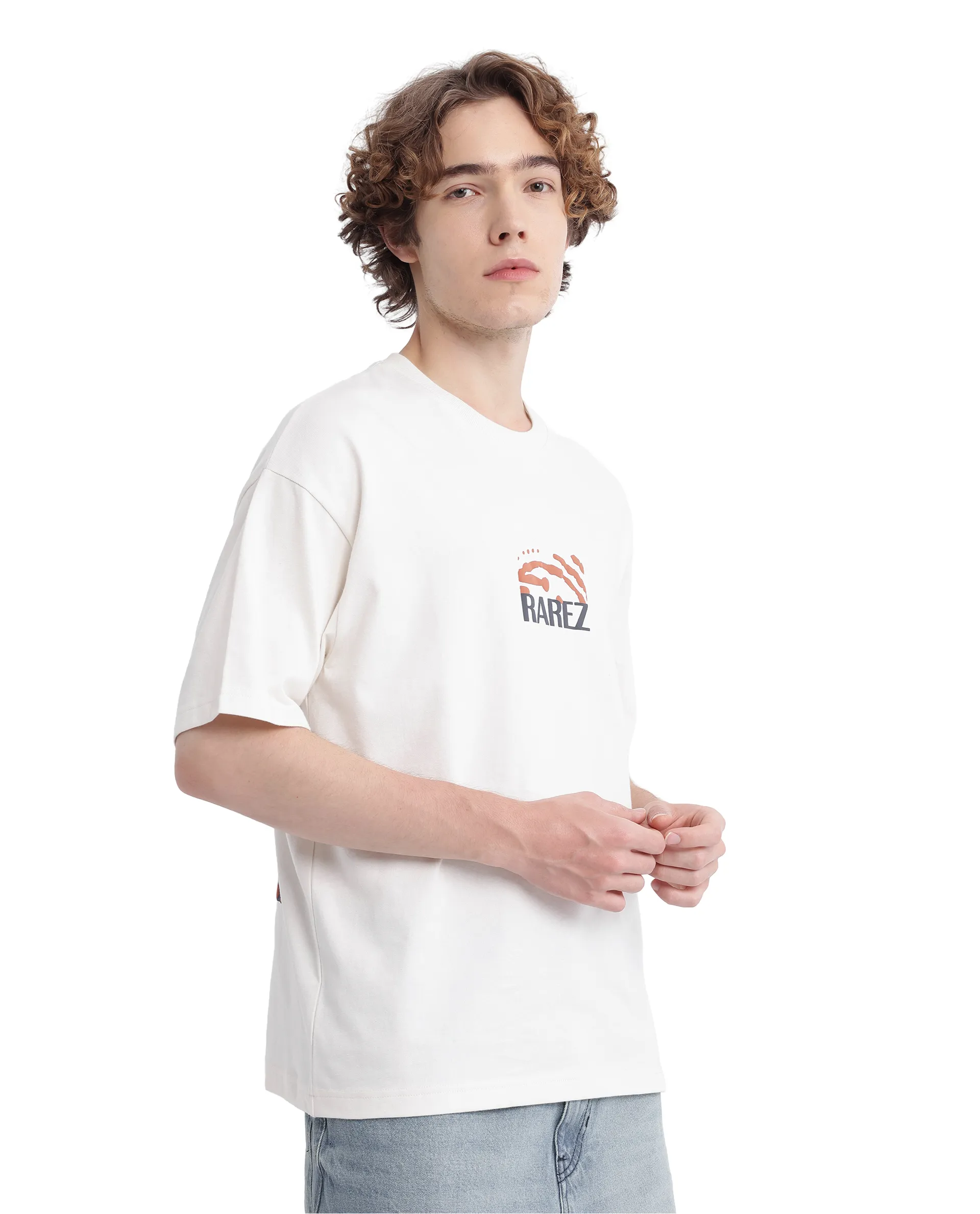 Rare Rabbit Men's Karwo Off White Cotton Graphic Print Oversized Fit Half Sleeve Crew Neck T-Shirt - Image 7