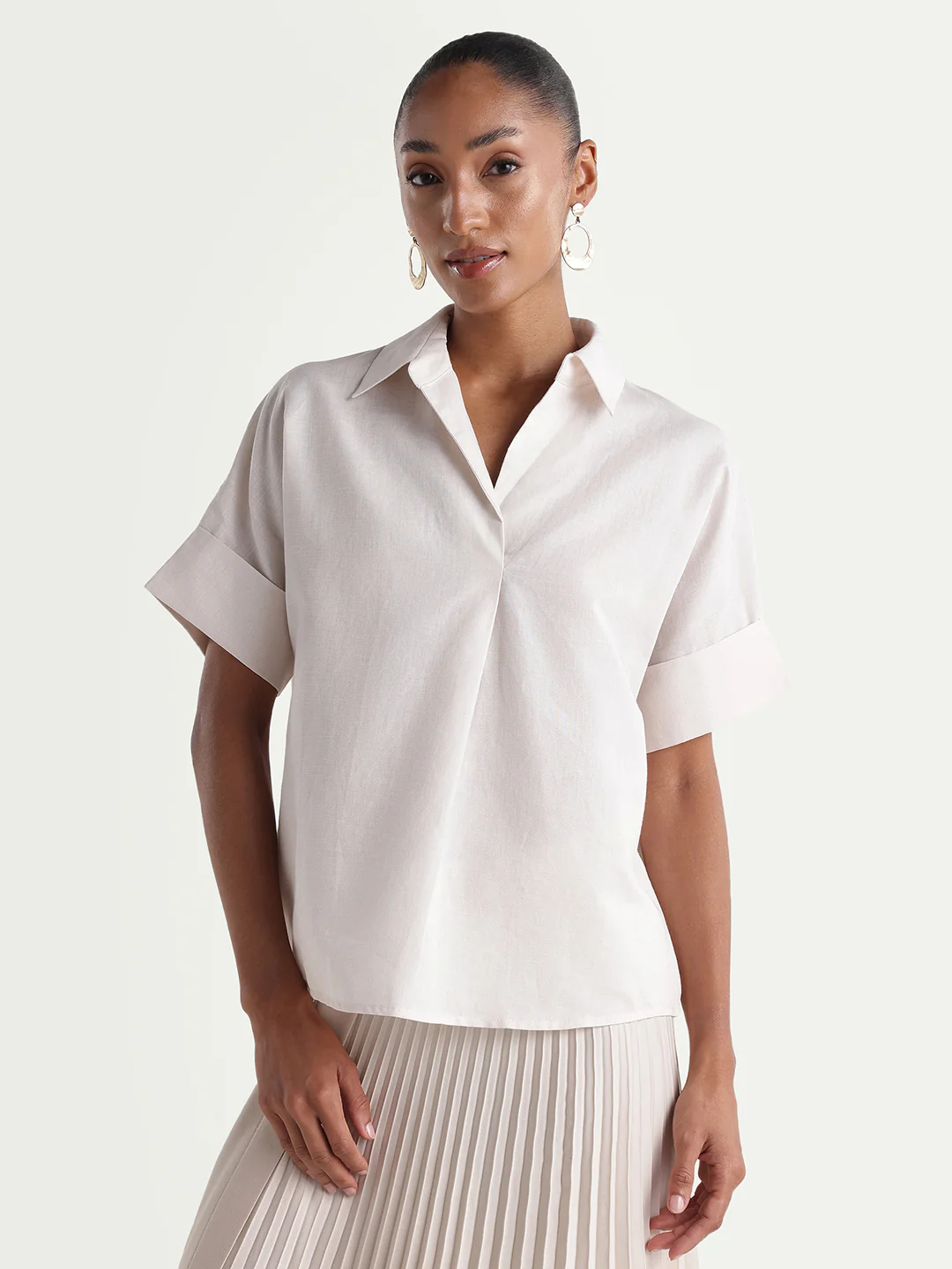 Rareism Women's Kasa Beige Cotton Blend Johnny Collar Regular Plain Top - Image 3