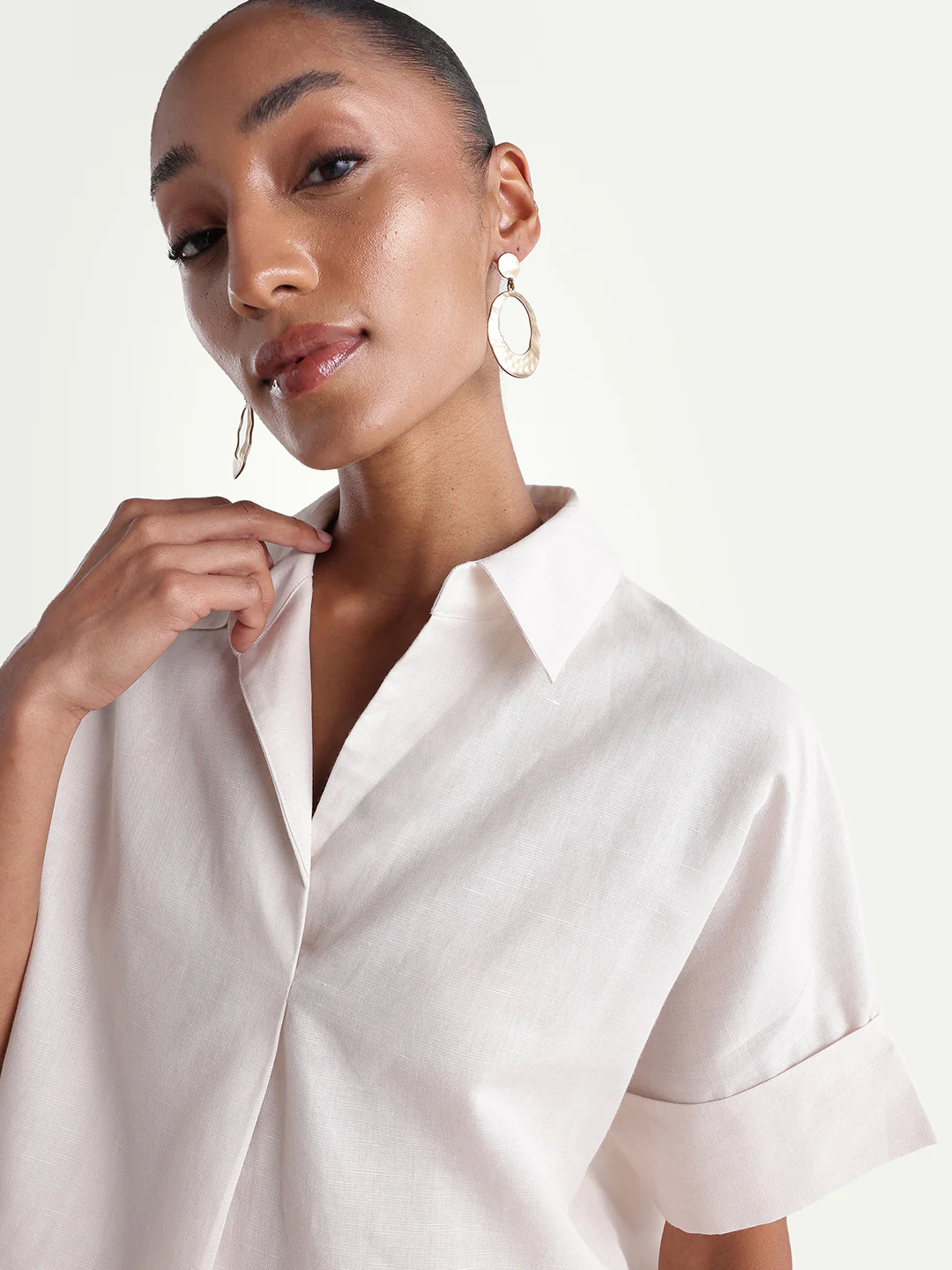 Rareism Women's Kasa Beige Cotton Blend Johnny Collar Regular Plain Top - Image 4