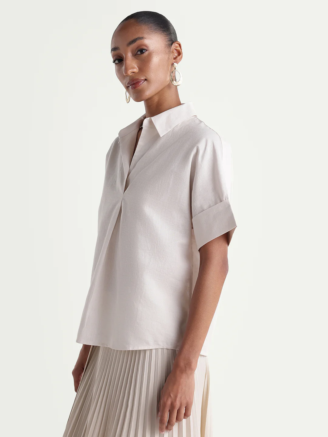 Rareism Women's Kasa Beige Cotton Blend Johnny Collar Regular Plain Top - Image 5