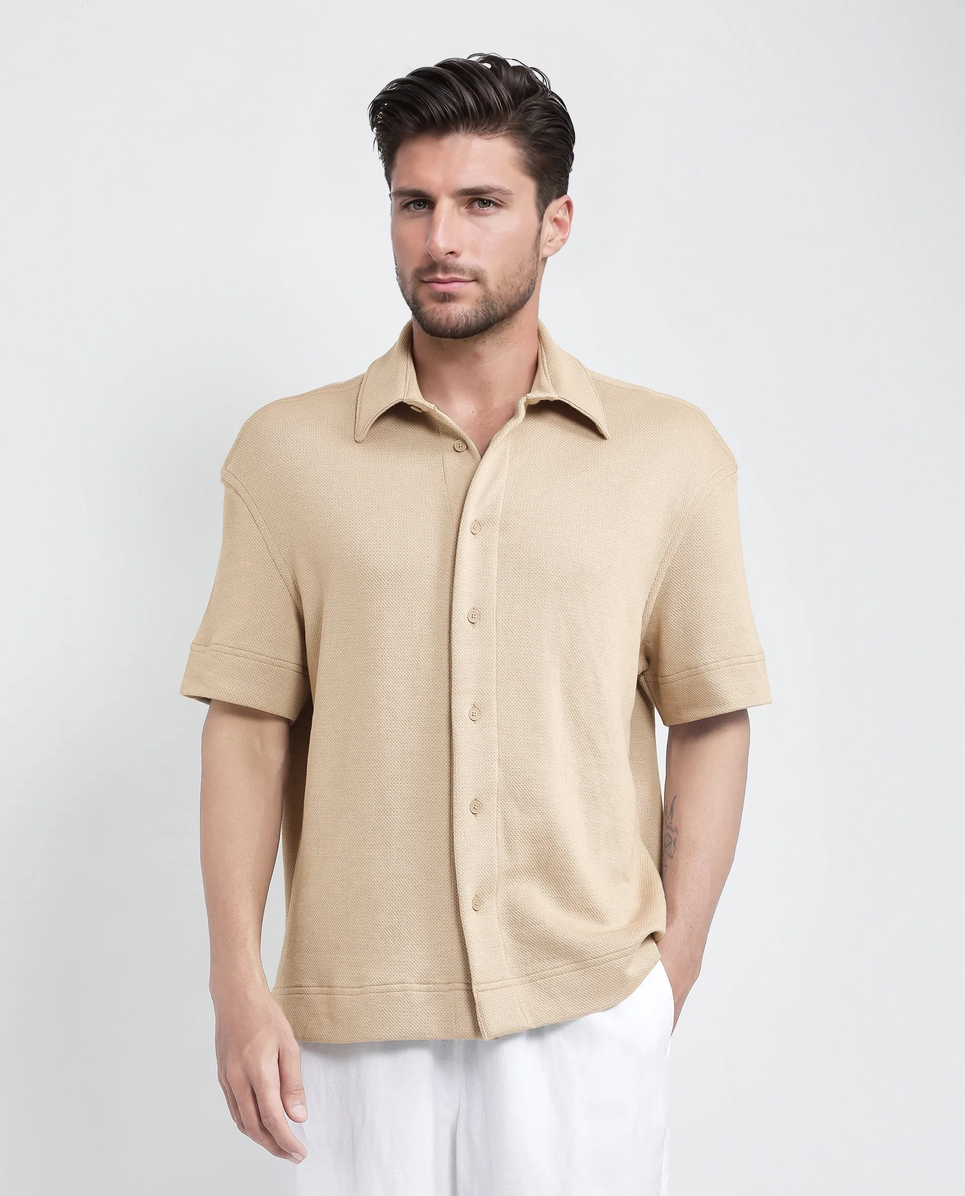 Rare Rabbit Men's Kash Beige Viscose Plain Boxy Fit Half Sleeve Collared Shirt