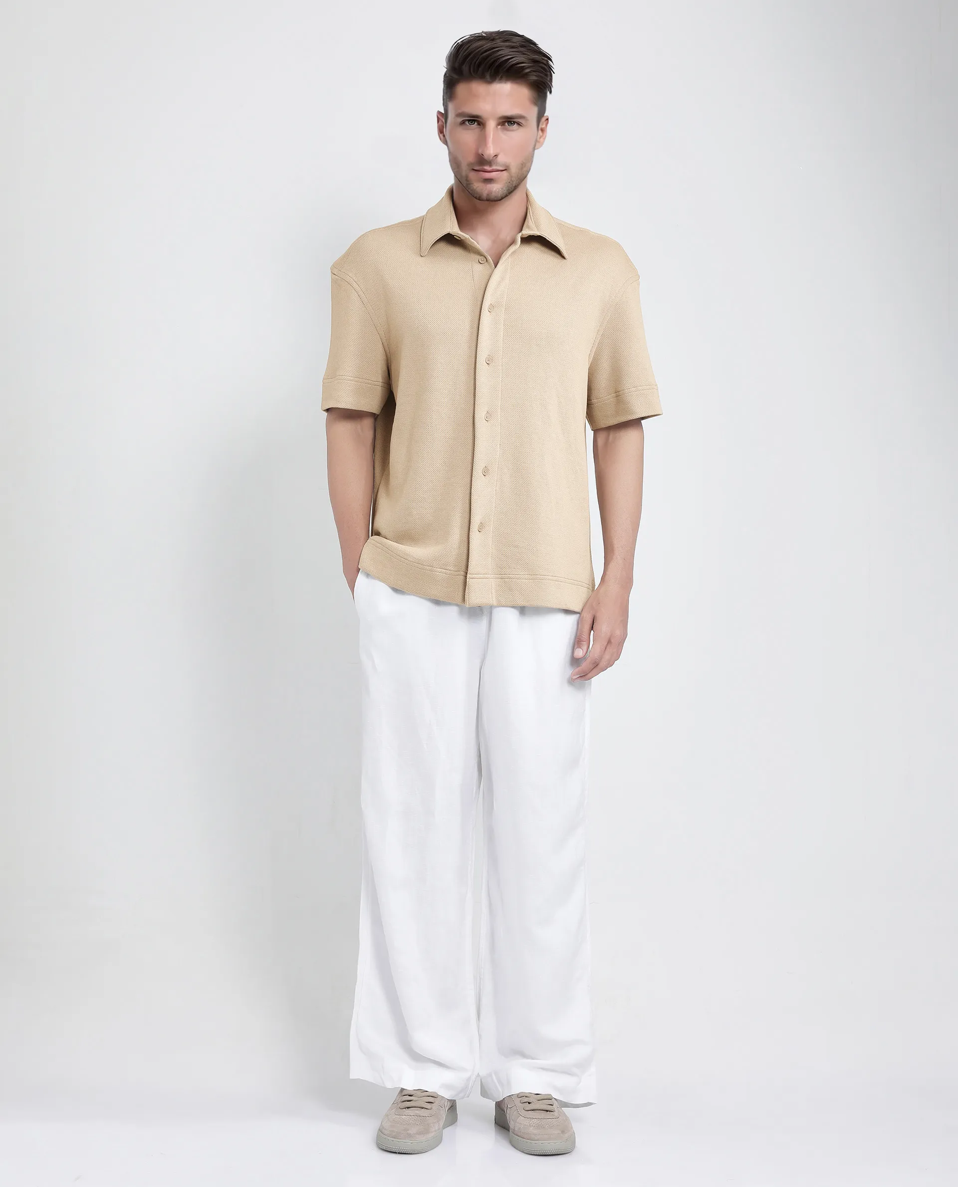 Rare Rabbit Men's Kash Beige Viscose Plain Boxy Fit Half Sleeve Collared Shirt - Image 2