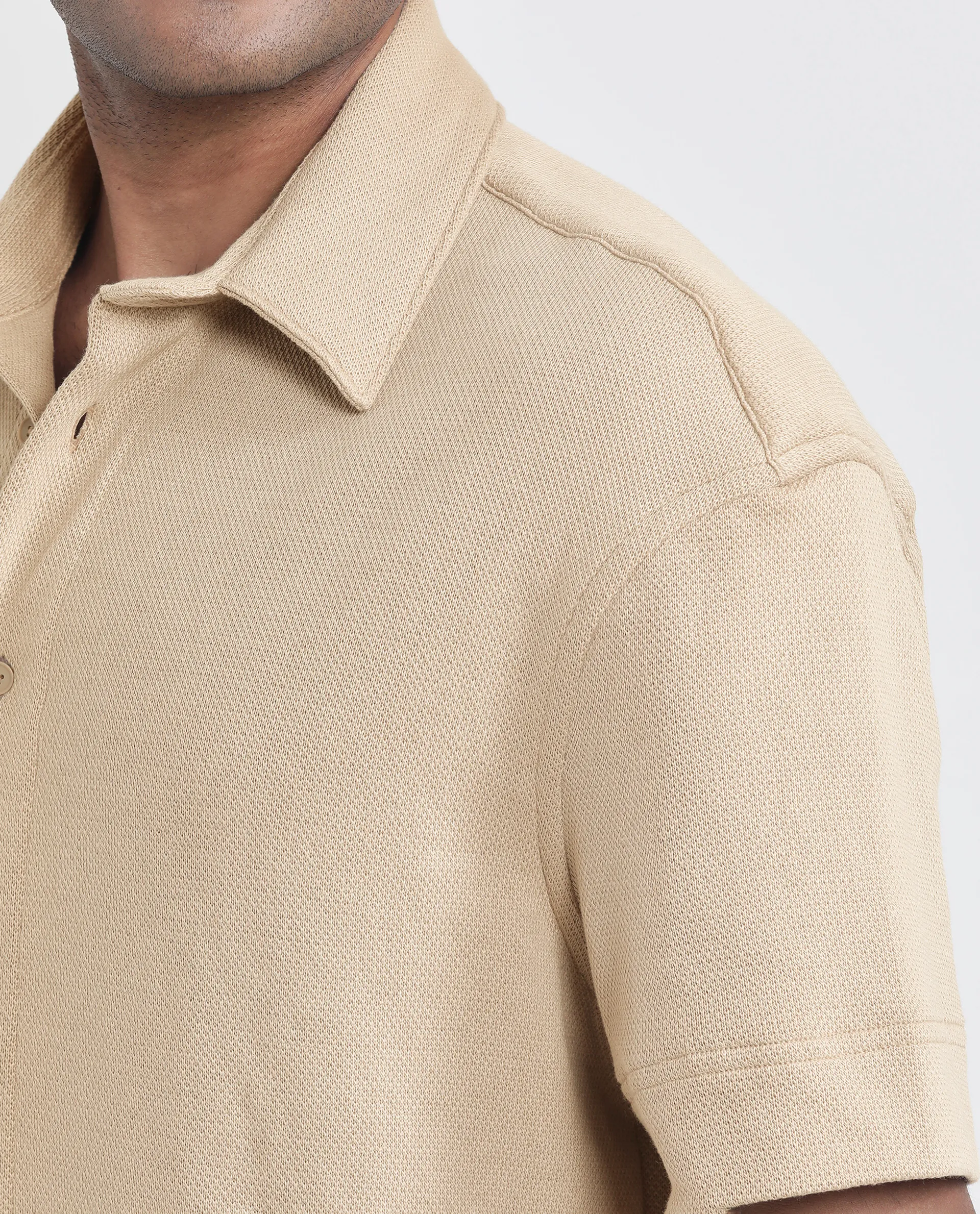 Rare Rabbit Men's Kash Beige Viscose Plain Boxy Fit Half Sleeve Collared Shirt - Image 3