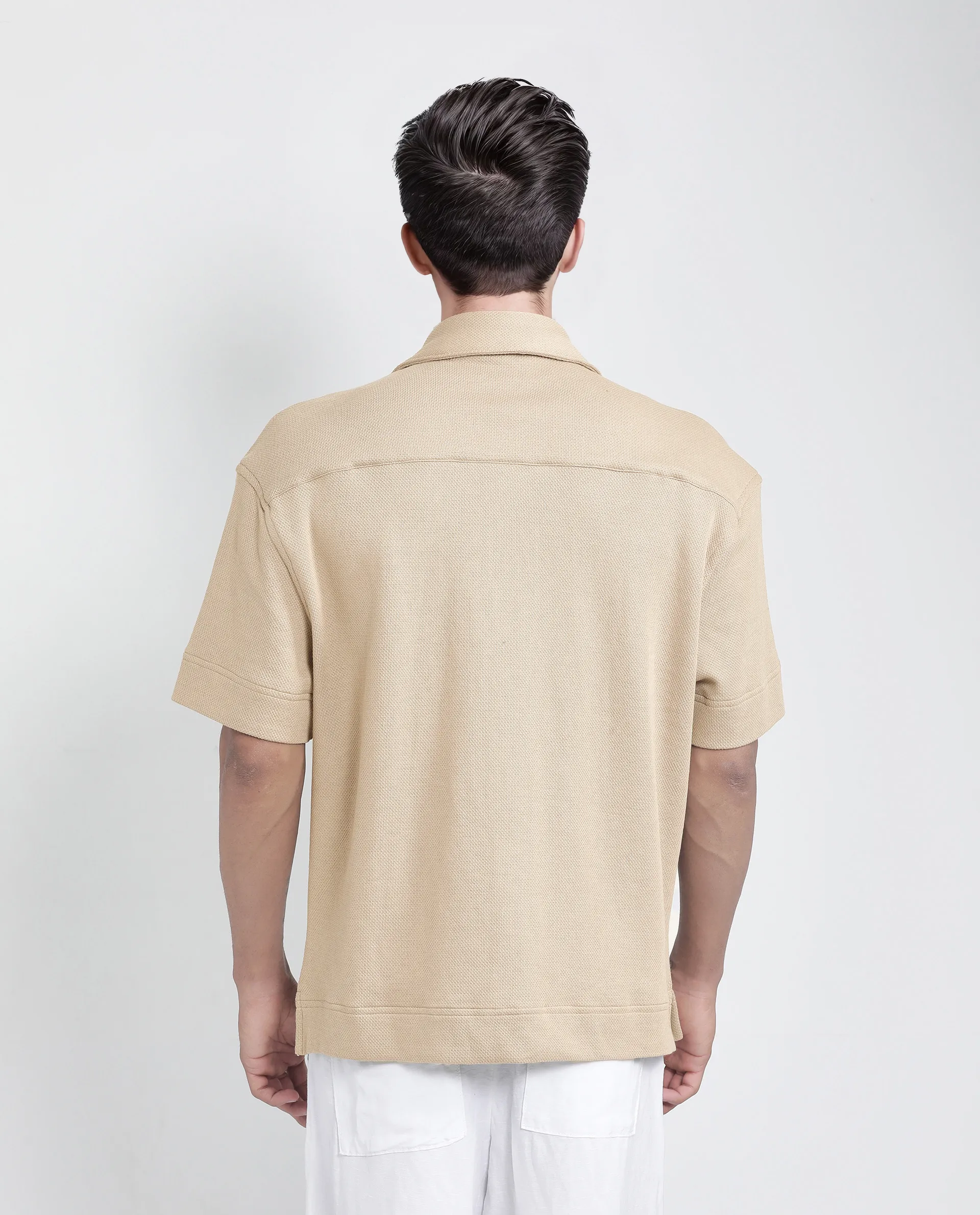 Rare Rabbit Men's Kash Beige Viscose Plain Boxy Fit Half Sleeve Collared Shirt - Image 4