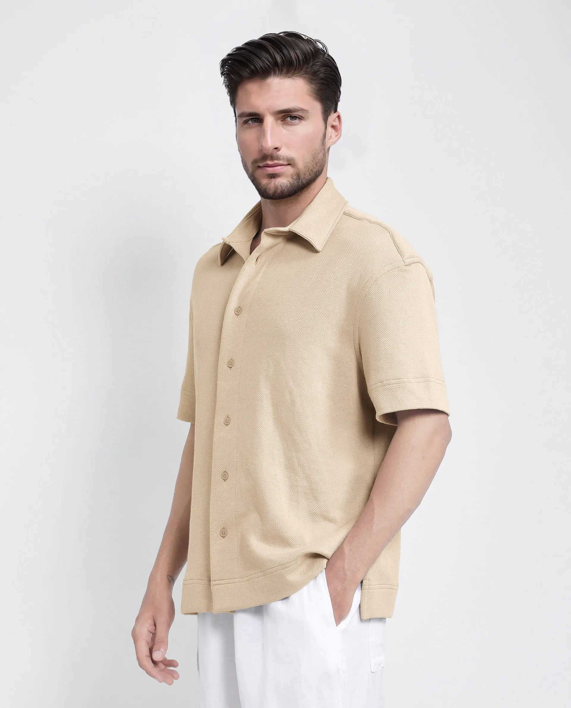 Rare Rabbit Men's Kash Beige Viscose Plain Boxy Fit Half Sleeve Collared Shirt - Image 5