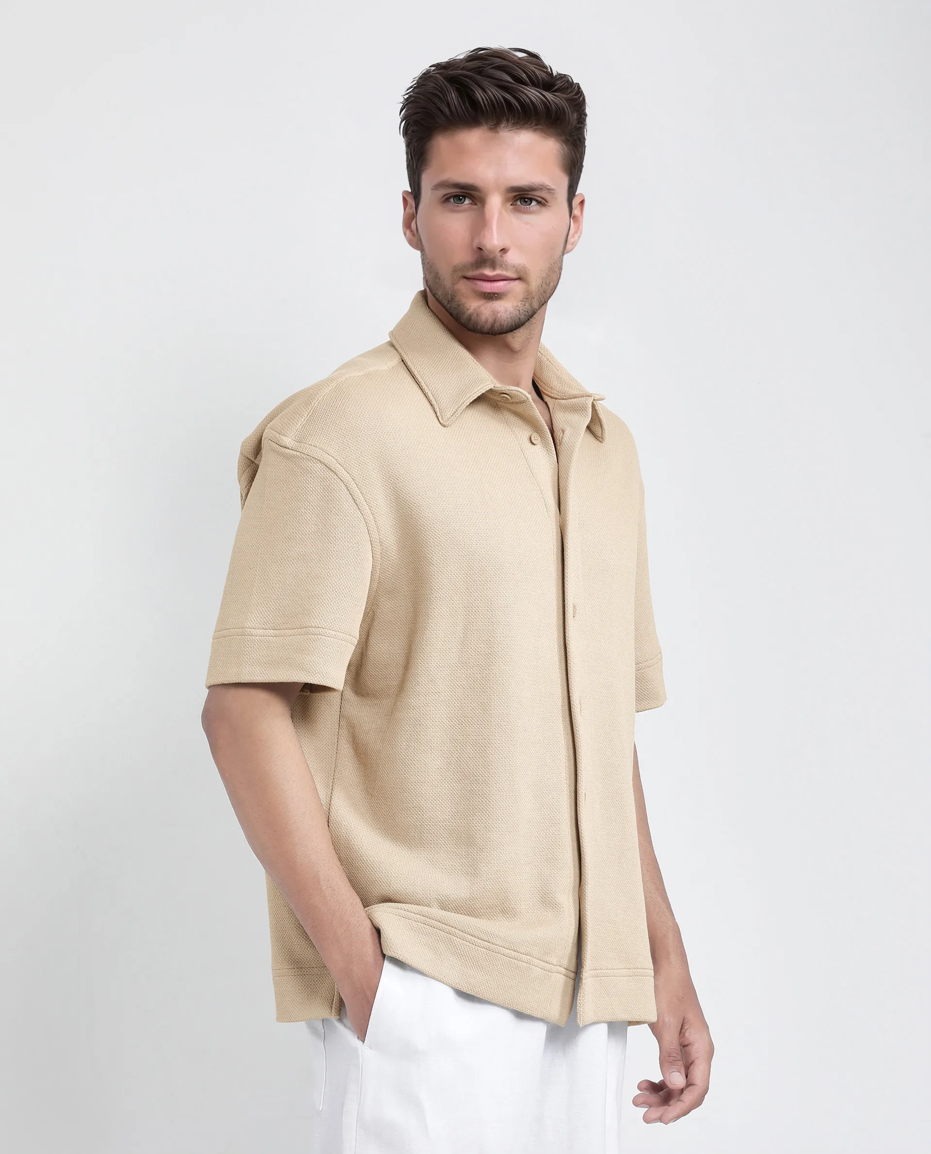 Rare Rabbit Men's Kash Beige Viscose Plain Boxy Fit Half Sleeve Collared Shirt - Image 6