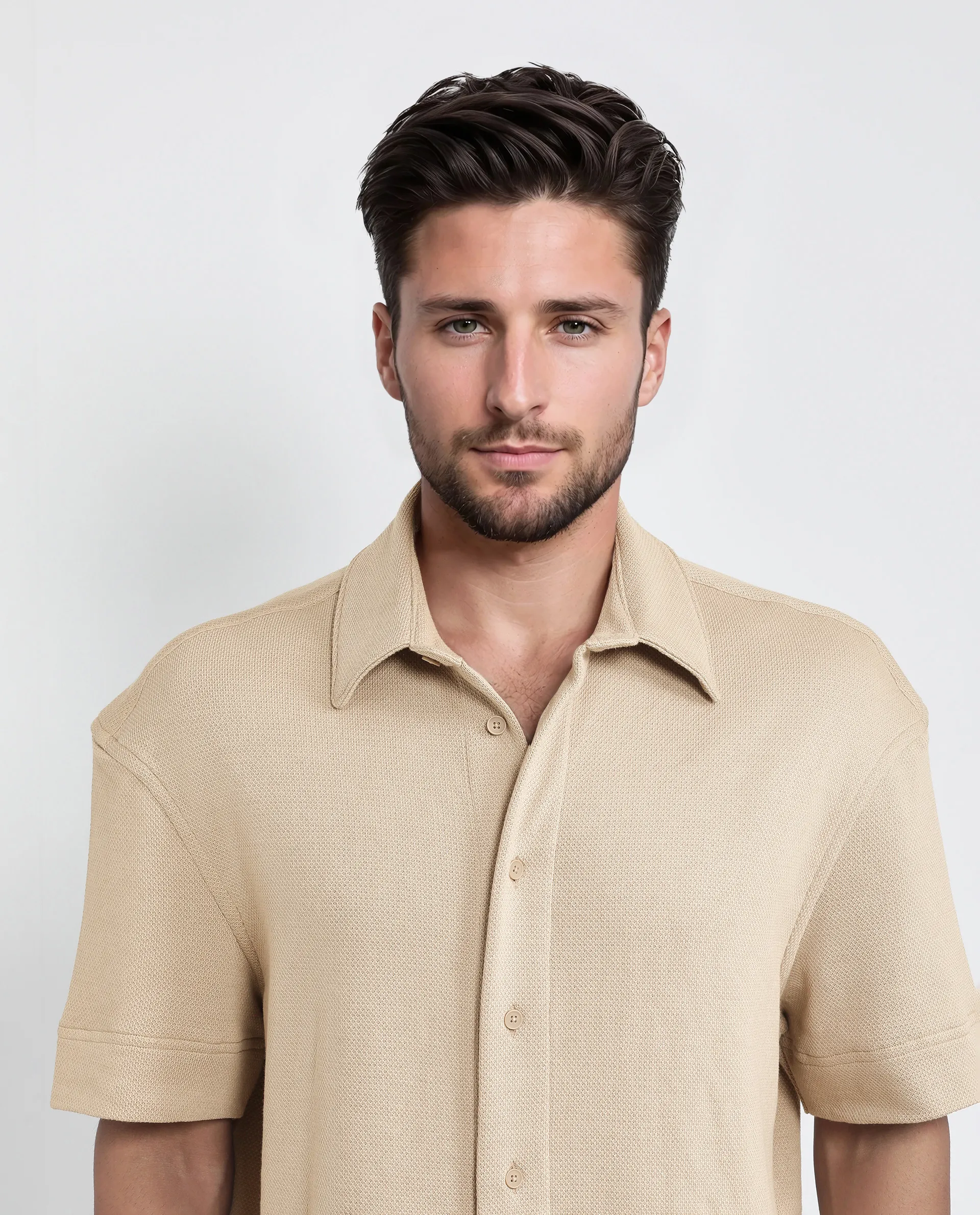 Rare Rabbit Men's Kash Beige Viscose Plain Boxy Fit Half Sleeve Collared Shirt - Image 7