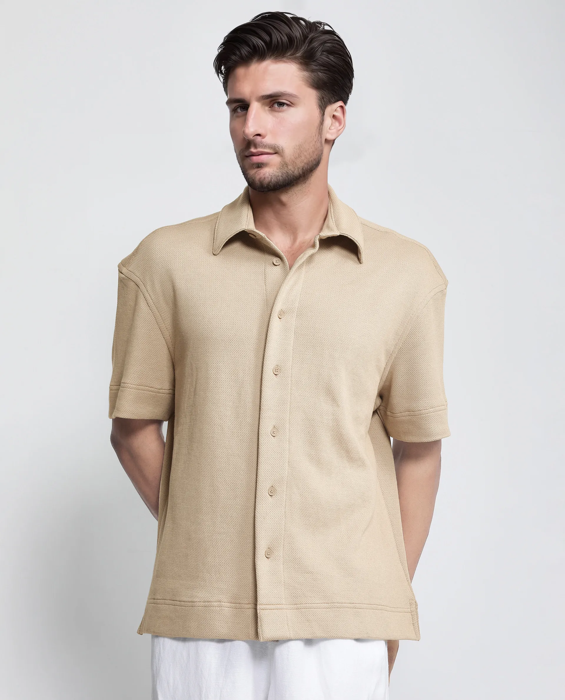 Rare Rabbit Men's Kash Beige Viscose Plain Boxy Fit Half Sleeve Collared Shirt - Image 8