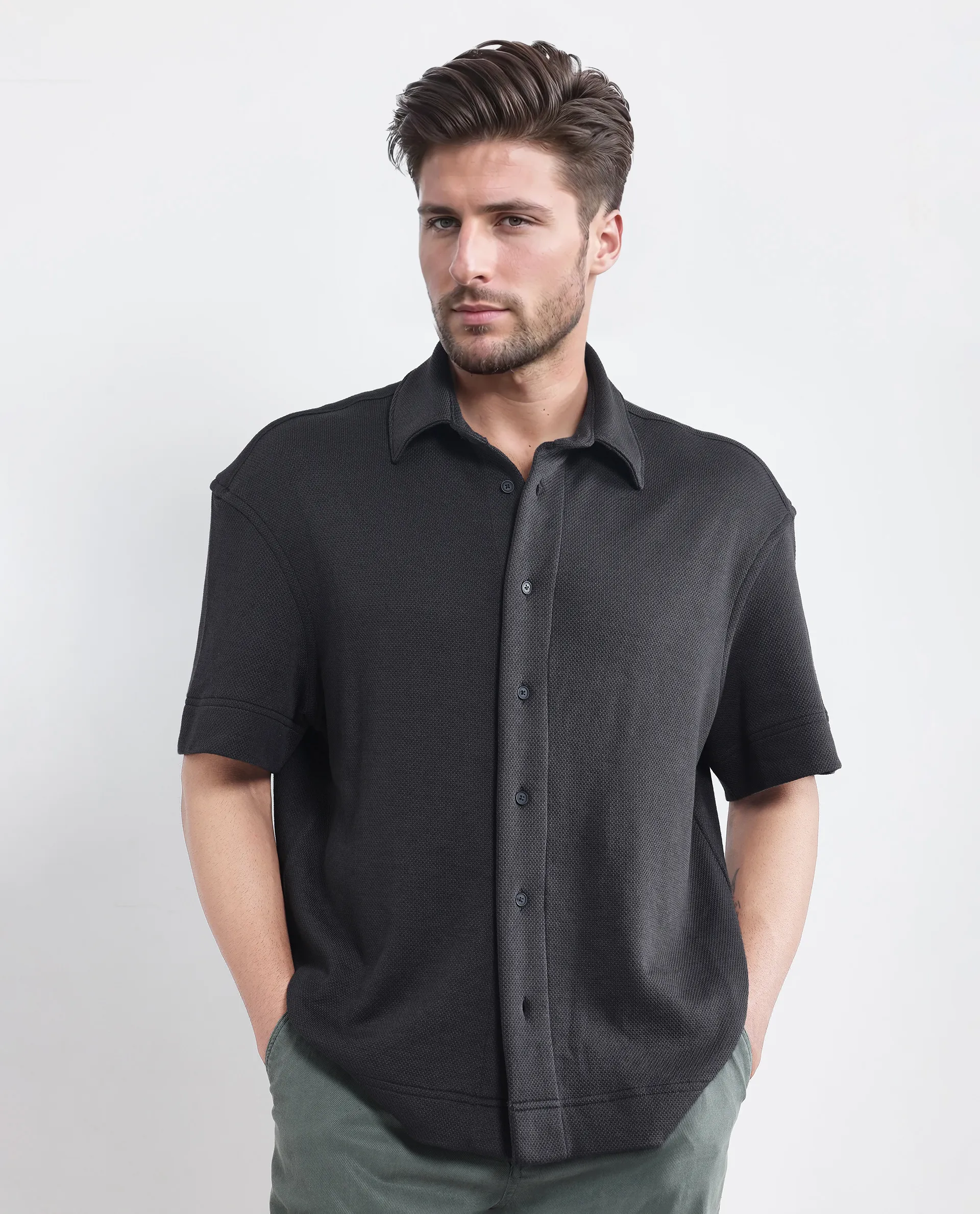 Rare Rabbit Men's Kash Black Viscose Plain Boxy Fit Half Sleeve Collared Shirt