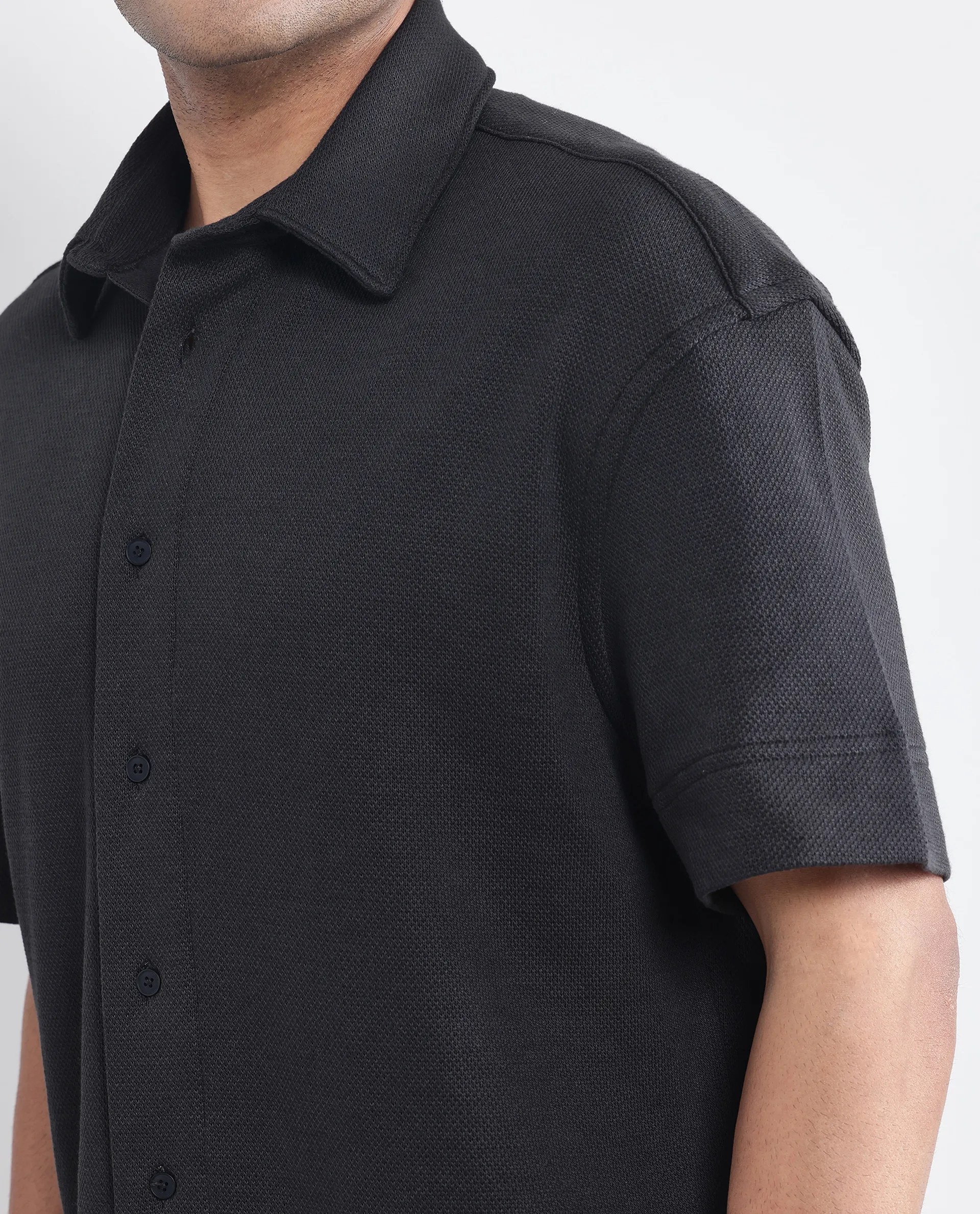 Rare Rabbit Men's Kash Black Viscose Plain Boxy Fit Half Sleeve Collared Shirt - Image 4