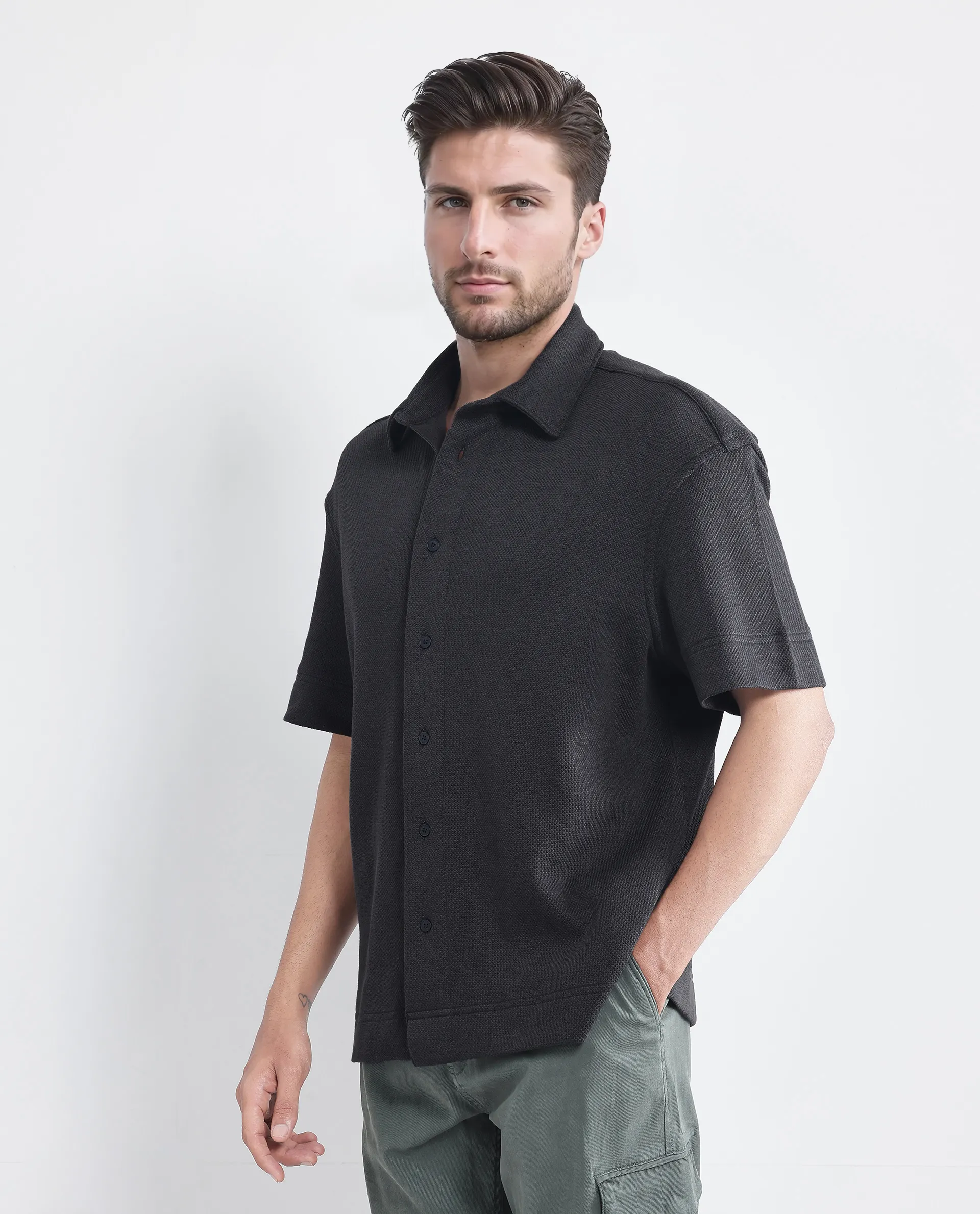 Rare Rabbit Men's Kash Black Viscose Plain Boxy Fit Half Sleeve Collared Shirt - Image 6