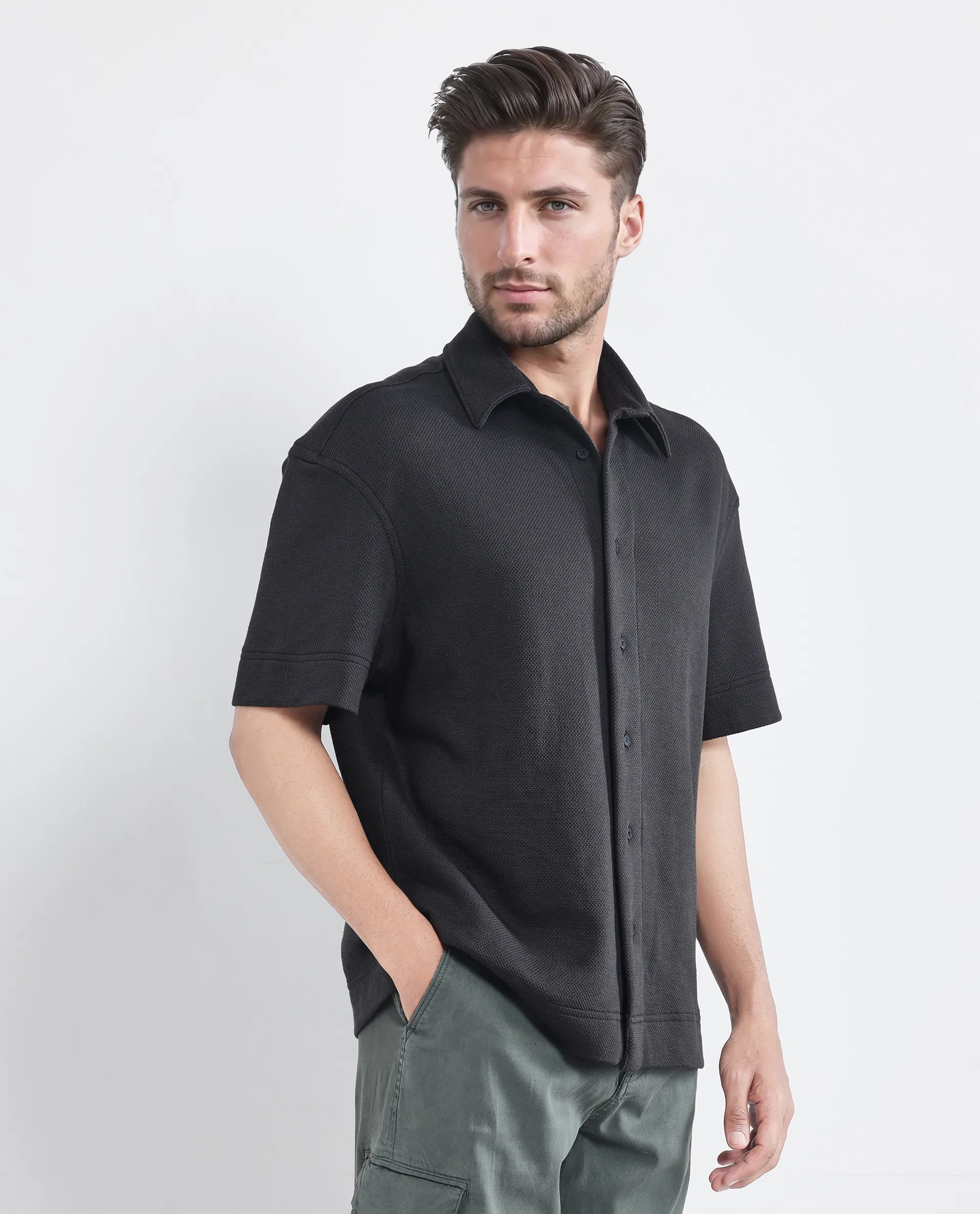Rare Rabbit Men's Kash Black Viscose Plain Boxy Fit Half Sleeve Collared Shirt - Image 7