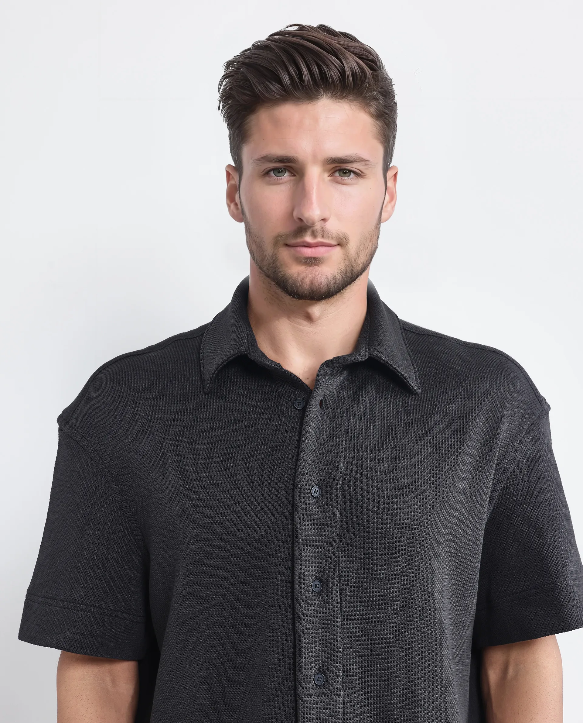Rare Rabbit Men's Kash Black Viscose Plain Boxy Fit Half Sleeve Collared Shirt - Image 8