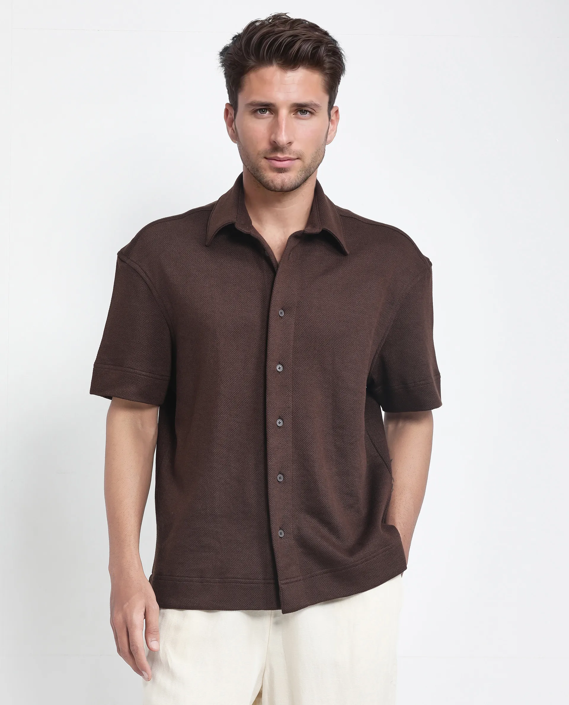 Rare Rabbit Men's Kash Brown Viscose Plain Boxy Fit Half Sleeve Collared Shirt - Image 2