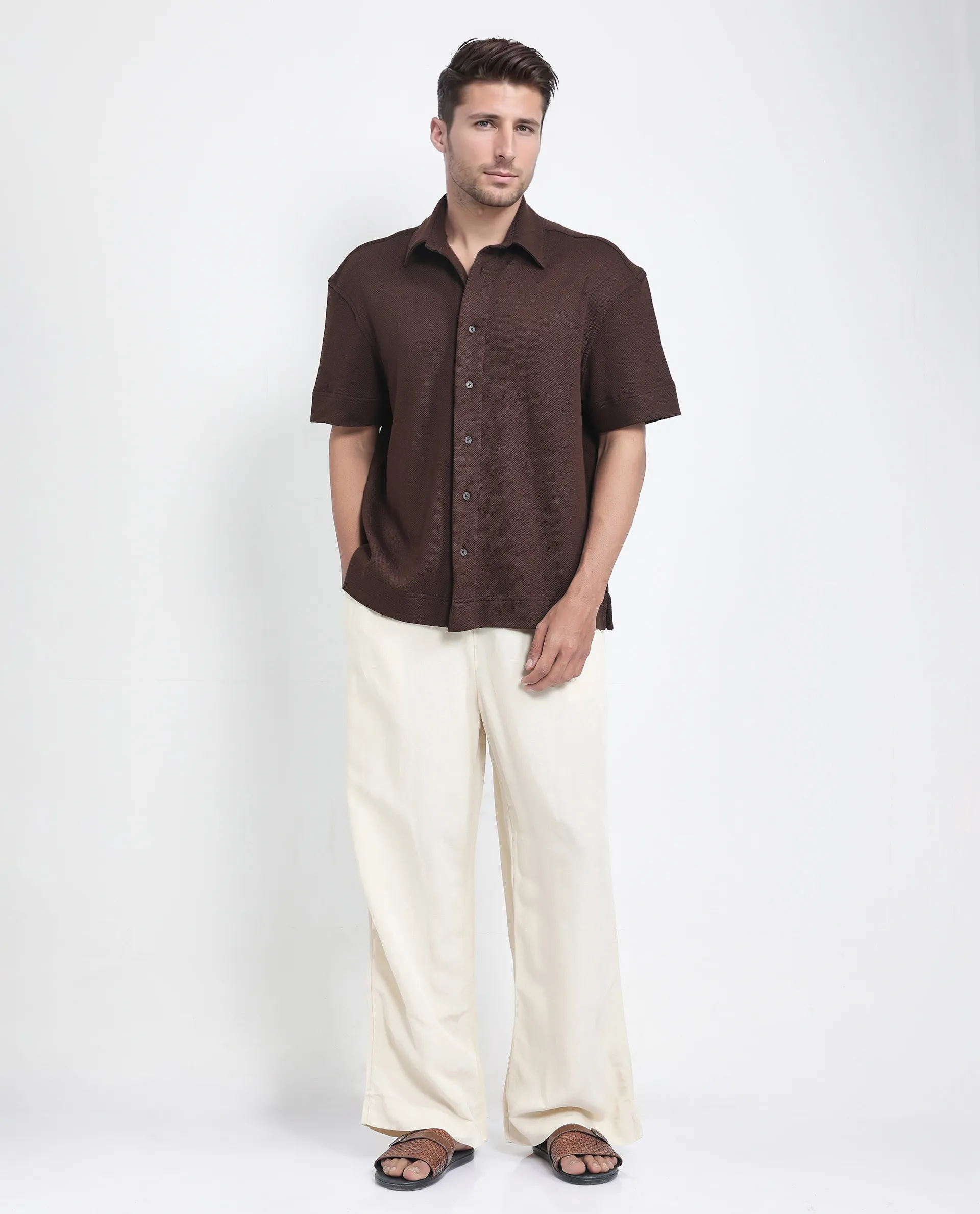 Rare Rabbit Men's Kash Brown Viscose Plain Boxy Fit Half Sleeve Collared Shirt - Image 3