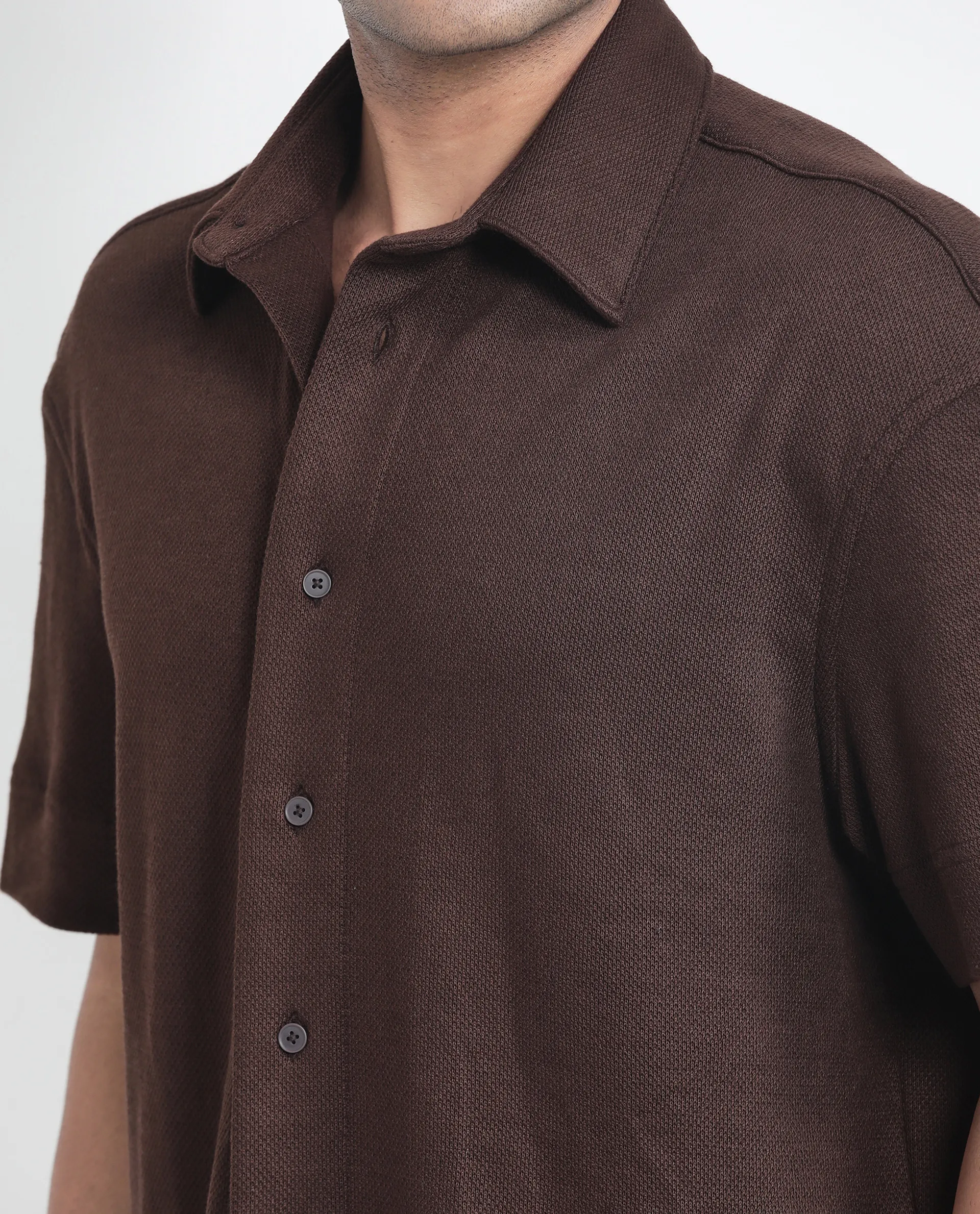 Rare Rabbit Men's Kash Brown Viscose Plain Boxy Fit Half Sleeve Collared Shirt - Image 4