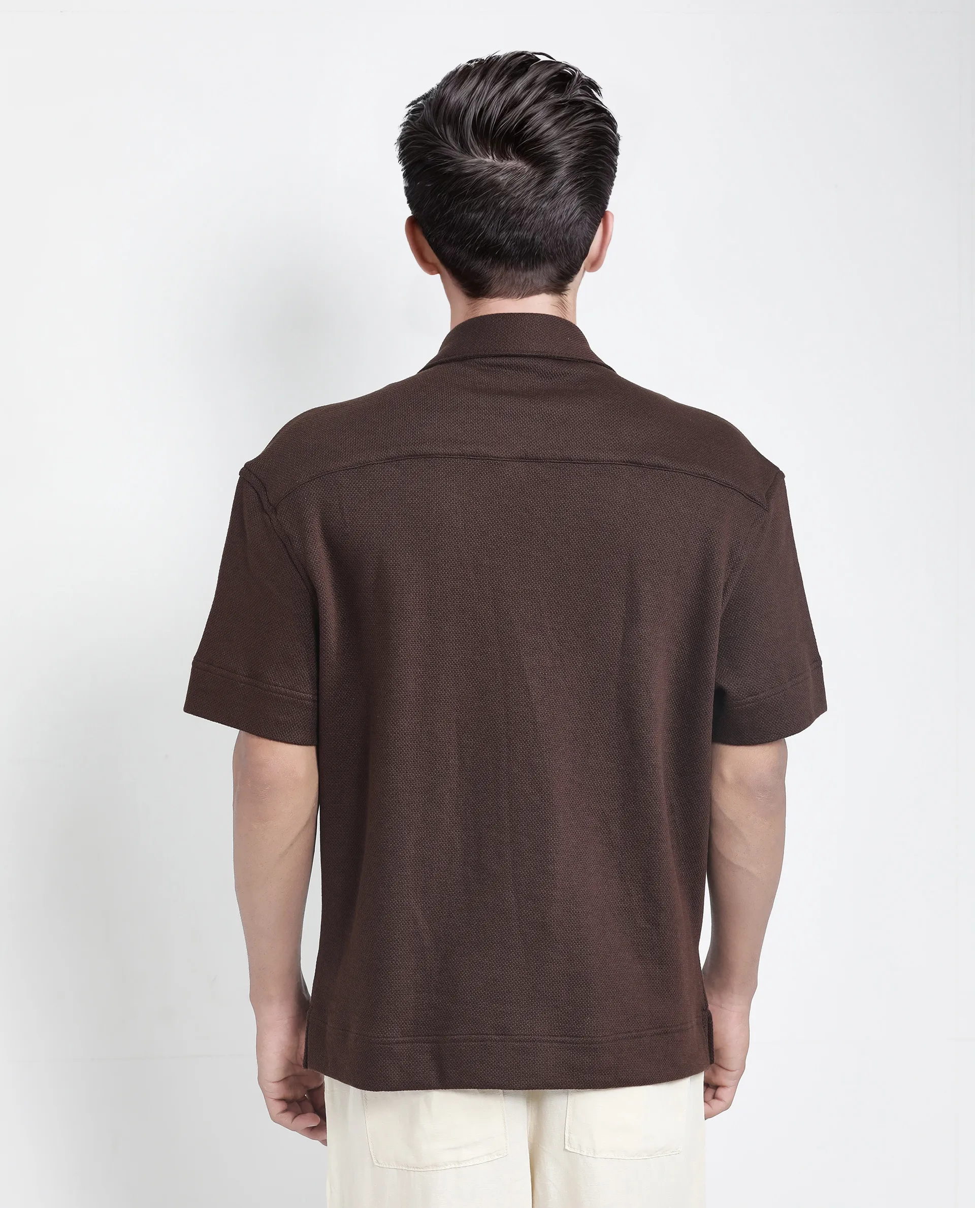 Rare Rabbit Men's Kash Brown Viscose Plain Boxy Fit Half Sleeve Collared Shirt - Image 5