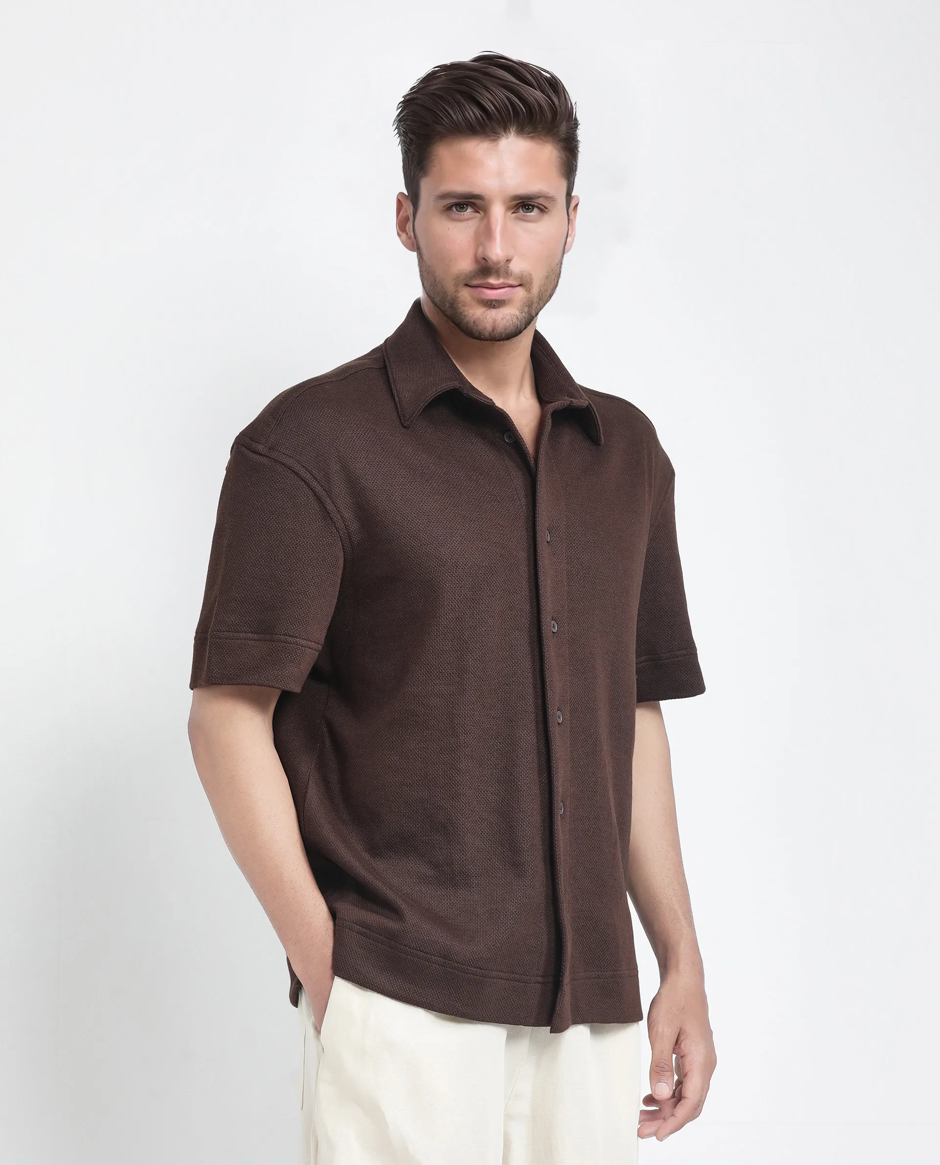 Rare Rabbit Men's Kash Brown Viscose Plain Boxy Fit Half Sleeve Collared Shirt - Image 6