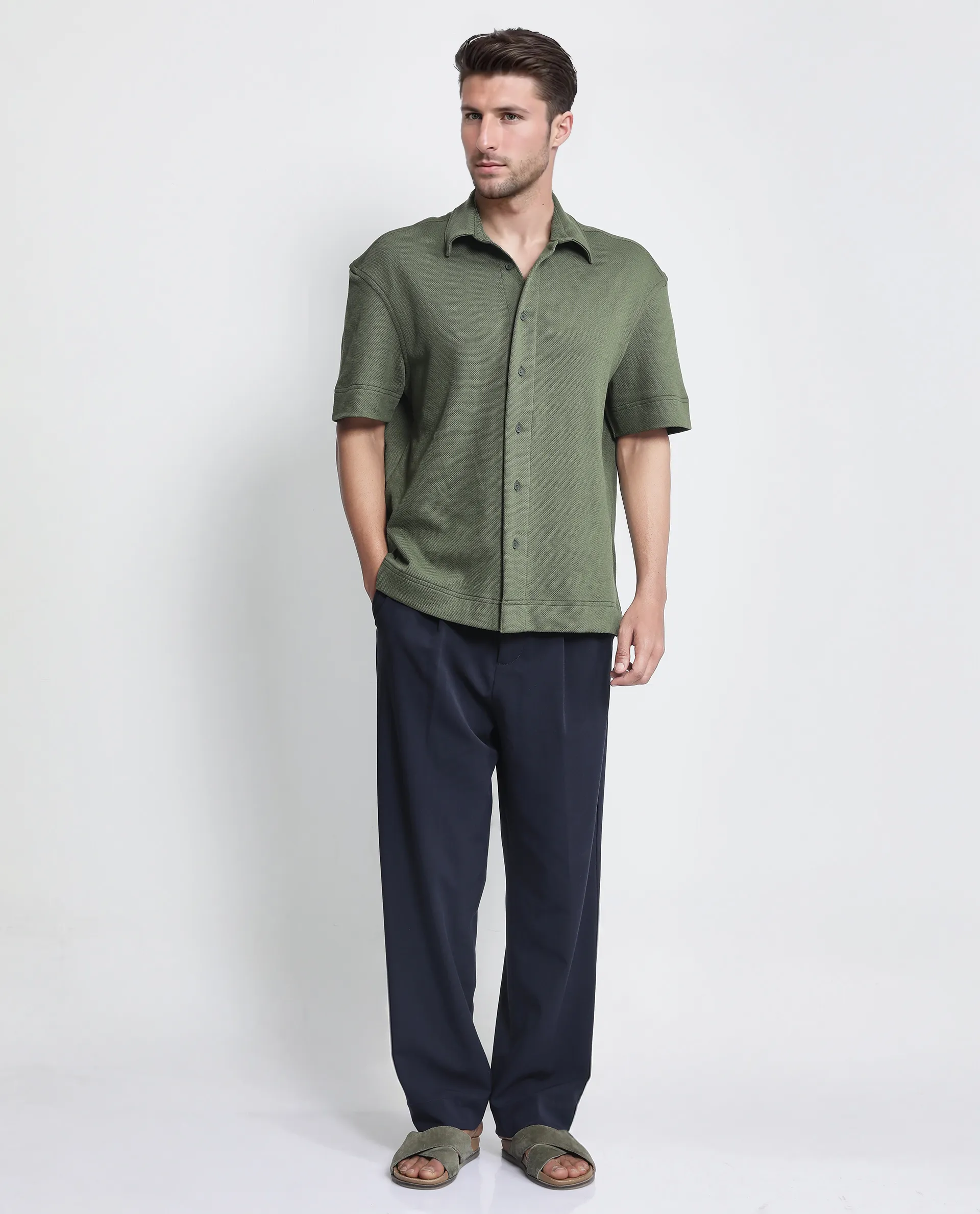 Rare Rabbit Men's Kash Dark Green Viscose Plain Boxy Fit Half Sleeve Collared Shirt - Image 2