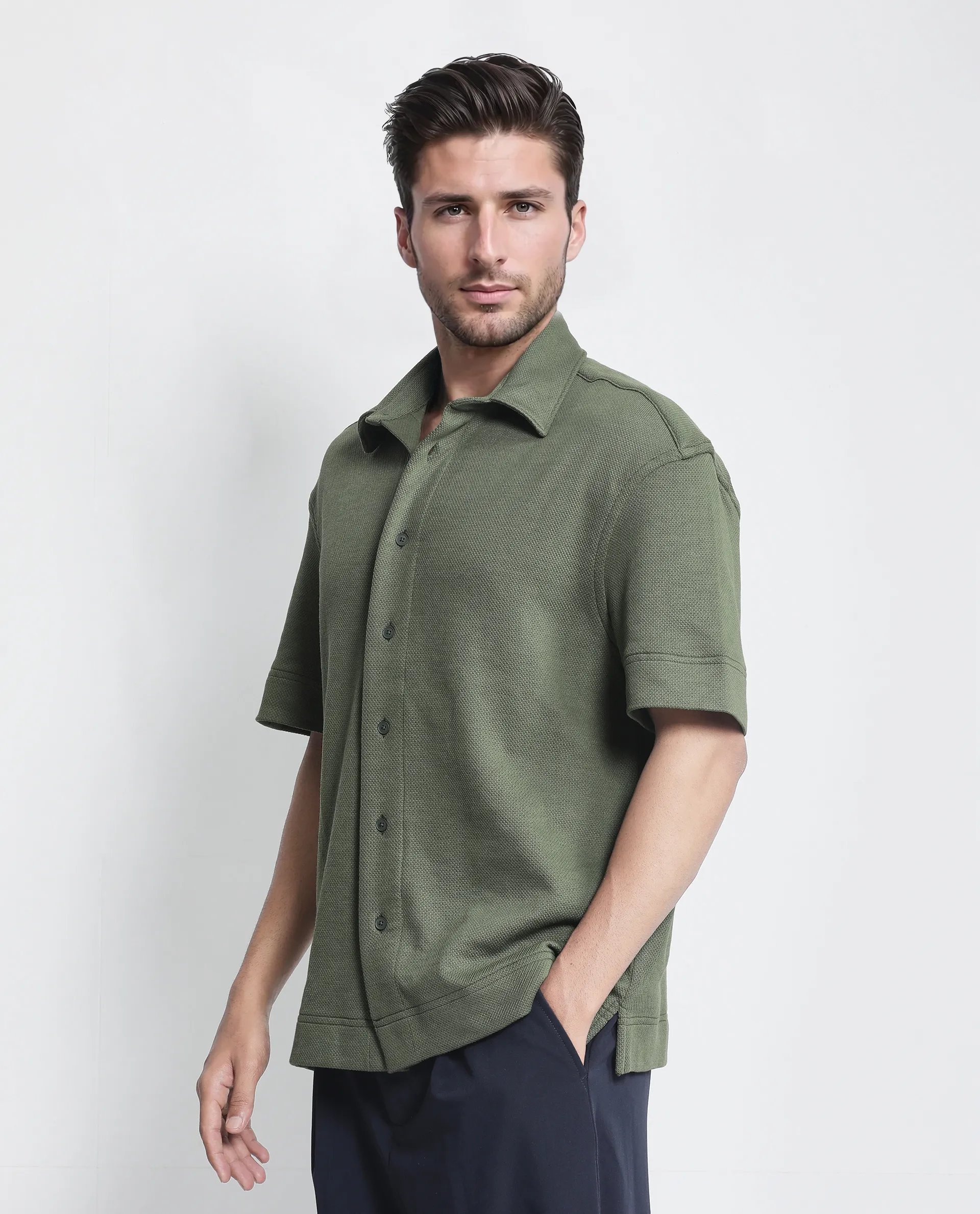 Rare Rabbit Men's Kash Dark Green Viscose Plain Boxy Fit Half Sleeve Collared Shirt - Image 5