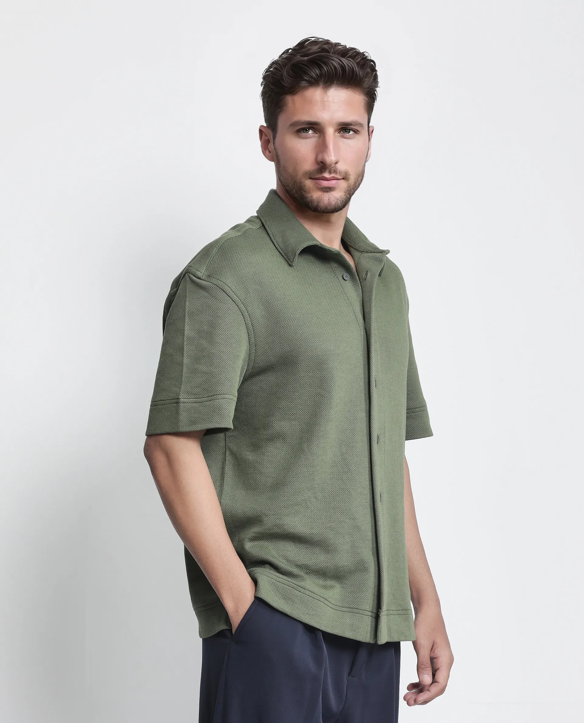 Rare Rabbit Men's Kash Dark Green Viscose Plain Boxy Fit Half Sleeve Collared Shirt - Image 6